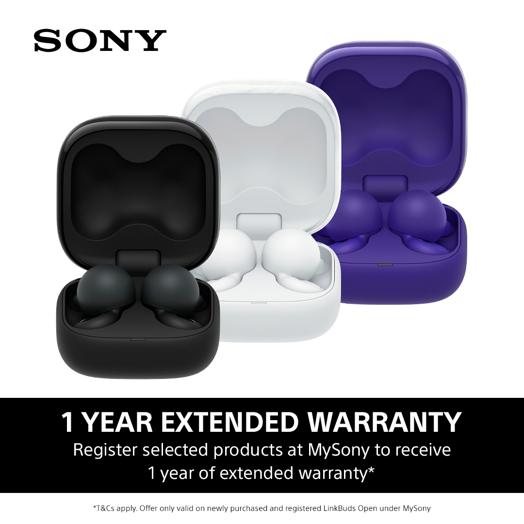 Trois étuis d'écouteurs ouverts : noir, blanc et violet. Écouteurs à l'intérieur. Logo Sony en haut. Informations de garantie en bas.