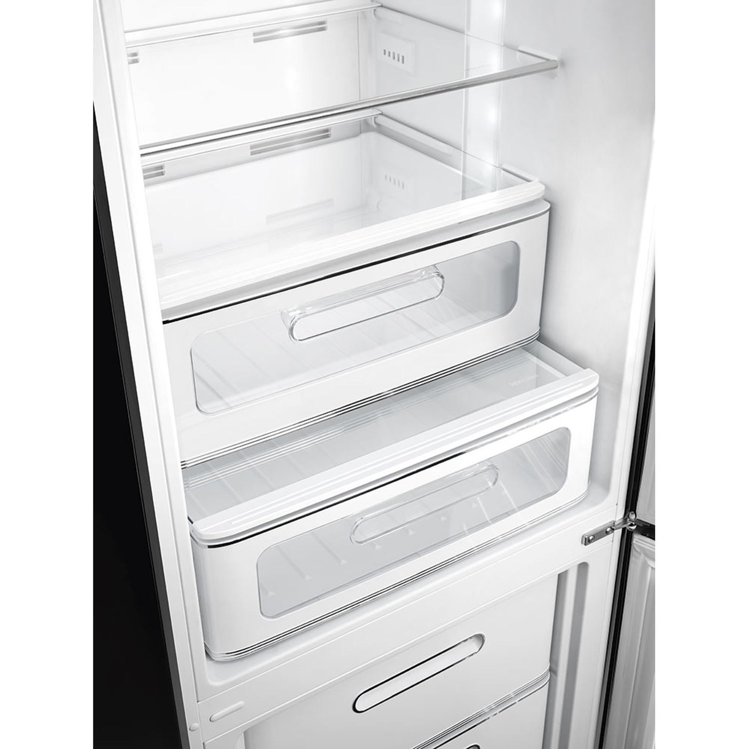 Inside of a refrigerator with white shelves and drawers. The drawers are transparent with white frames.