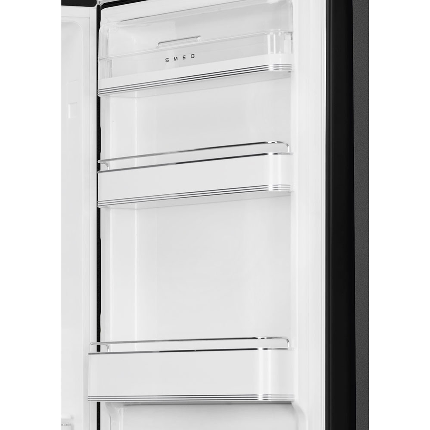 Open white refrigerator interior with shelves. 'SMEG' logo is visible. The door is open, showing a clean, modern design.