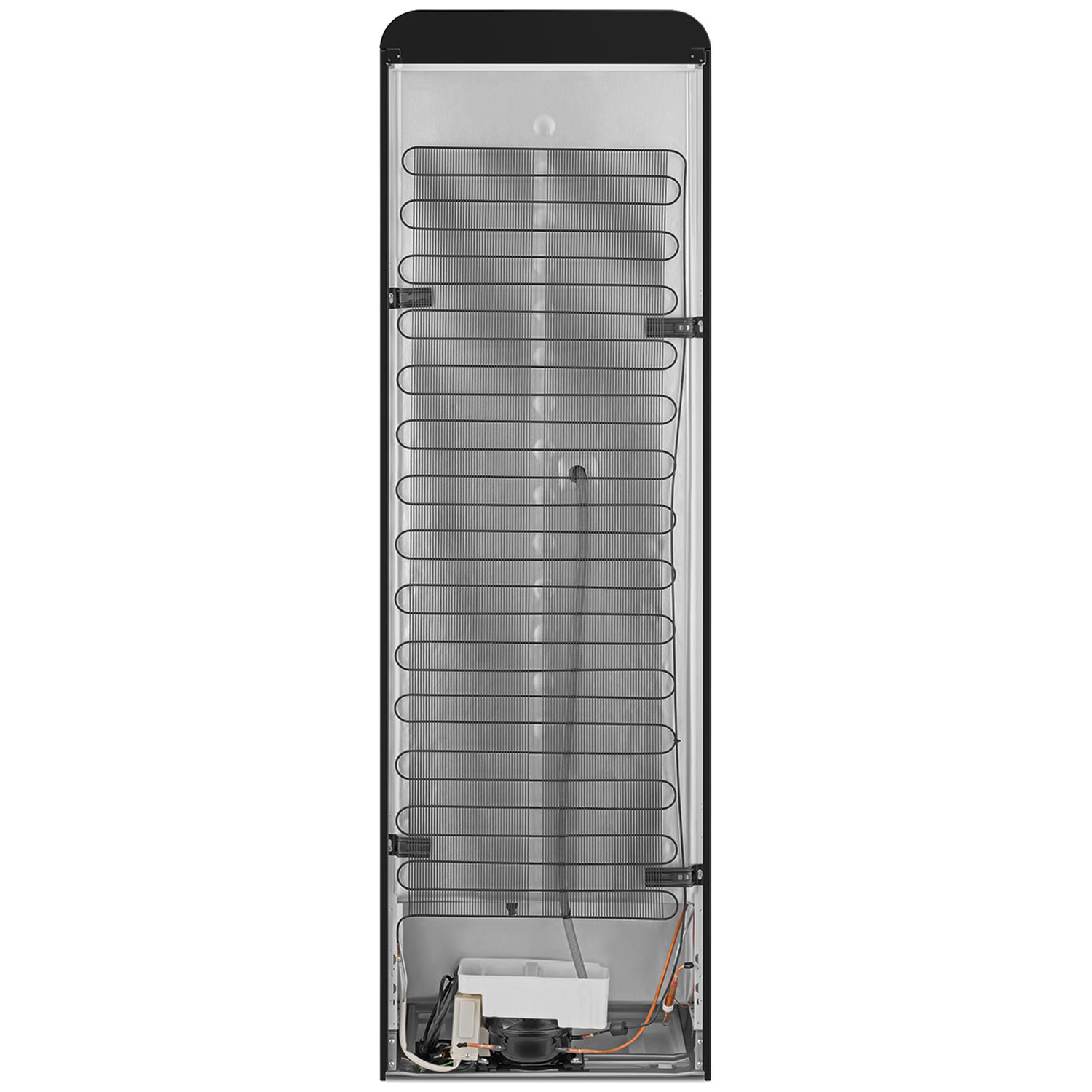 The back of a refrigerator. It has black coils, a metal panel, and a black frame. Wires and components are visible at the bottom.