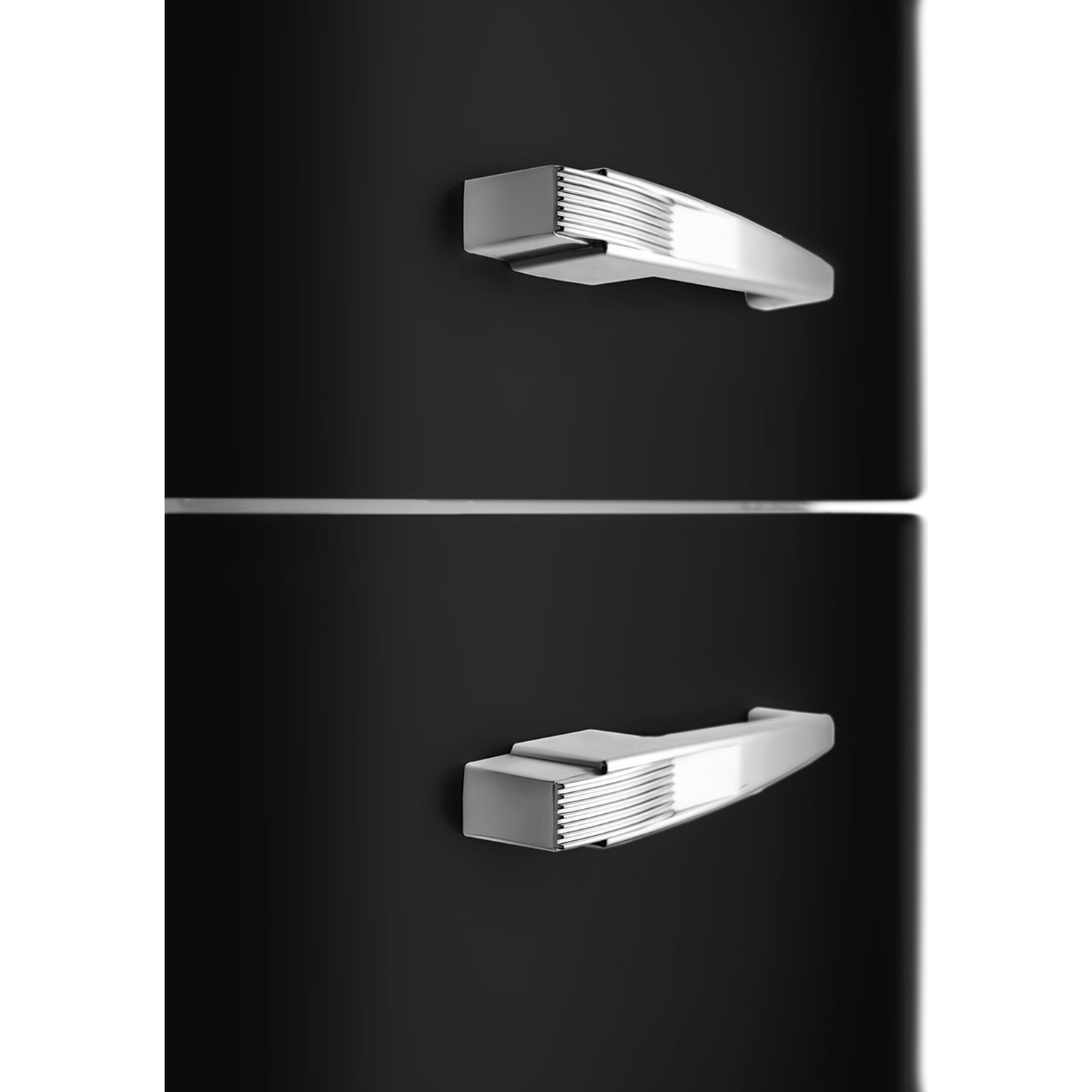 Close-up of a black refrigerator with two silver handles. The handles are horizontal and slightly curved.