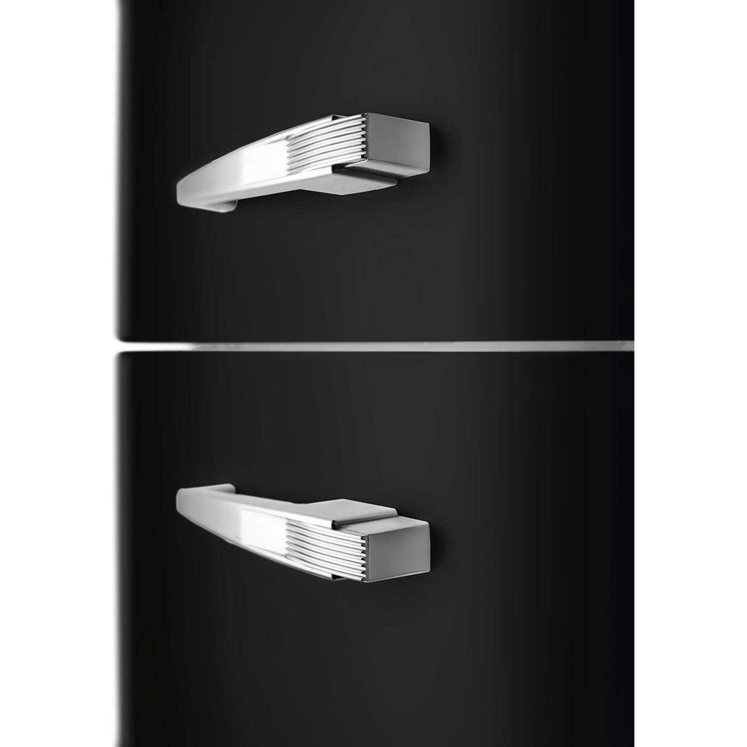 A black refrigerator with two sections. Each section has a silver handle. A silver line separates the two sections.