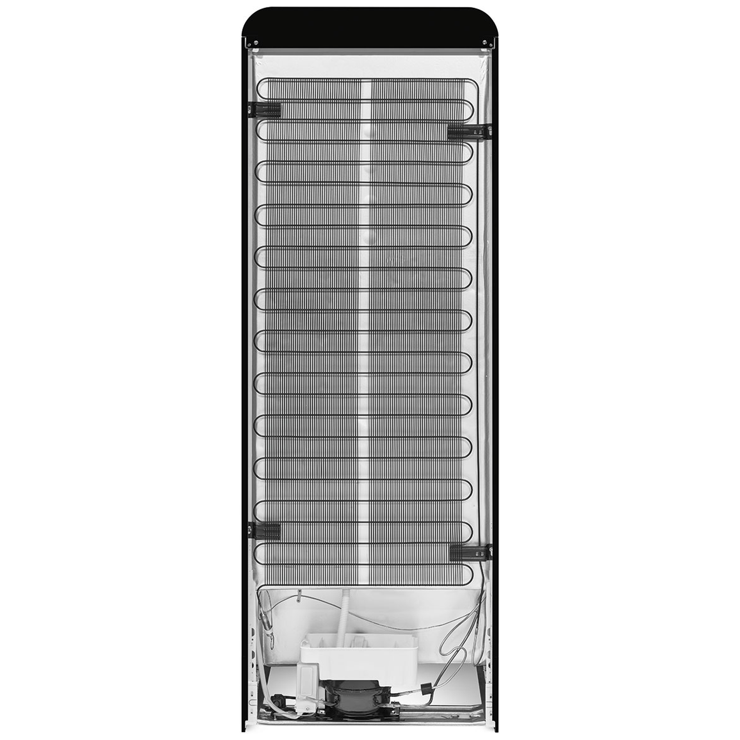 The rear view of a black refrigerator. It shows the cooling system with black metal tubes and a white compartment at the bottom.