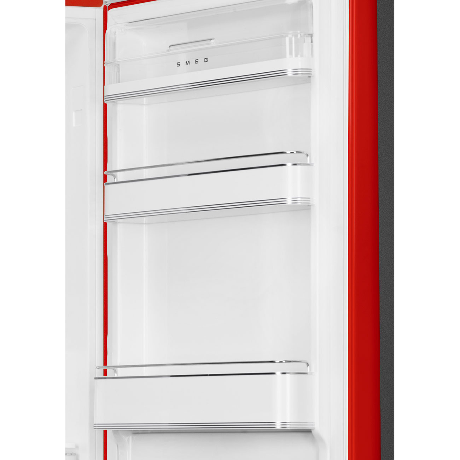 Open red and white refrigerator interior with shelves. The brand name SMEG is visible on the top shelf.