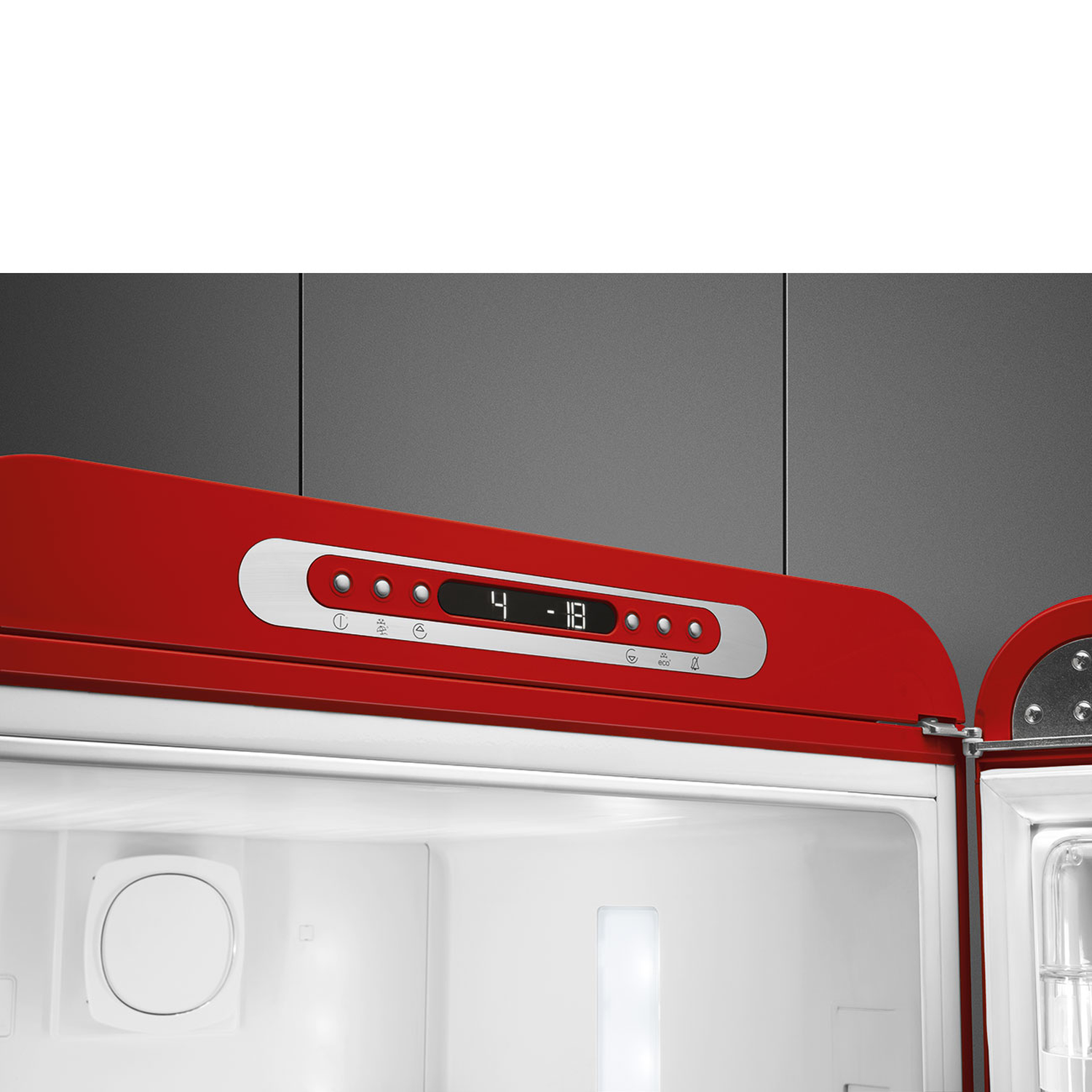 Open red refrigerator showing the inside. Digital display reads 4 and -18. White interior with a circular component.