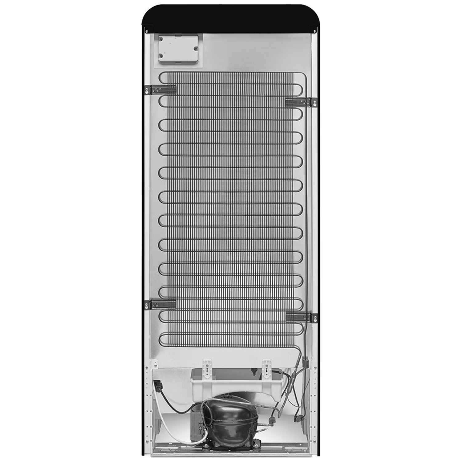 The back of a refrigerator. It has a black top, a large metal grid, and a black compressor at the bottom with wires.