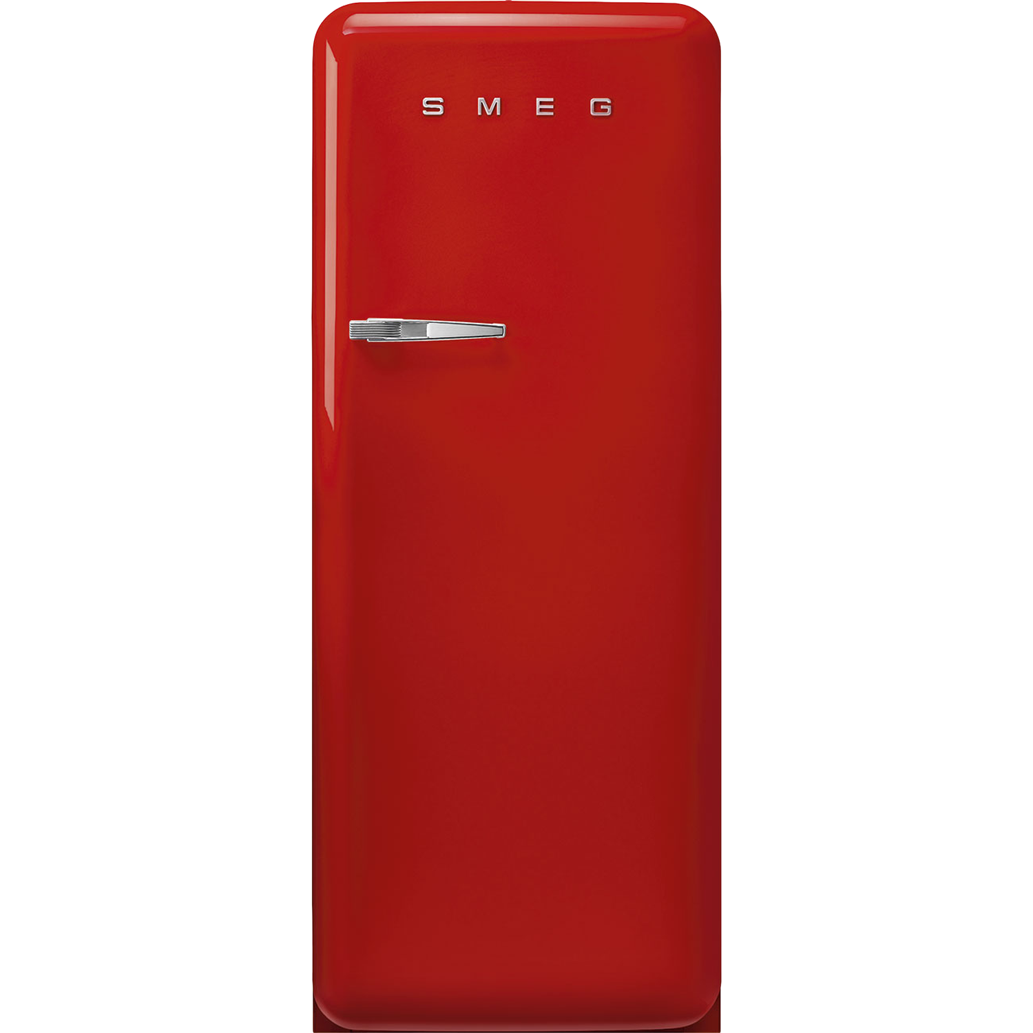 Een rode Smeg-koelkast met een chromen handgreep. Het woord SMEG staat bovenaan de deur.