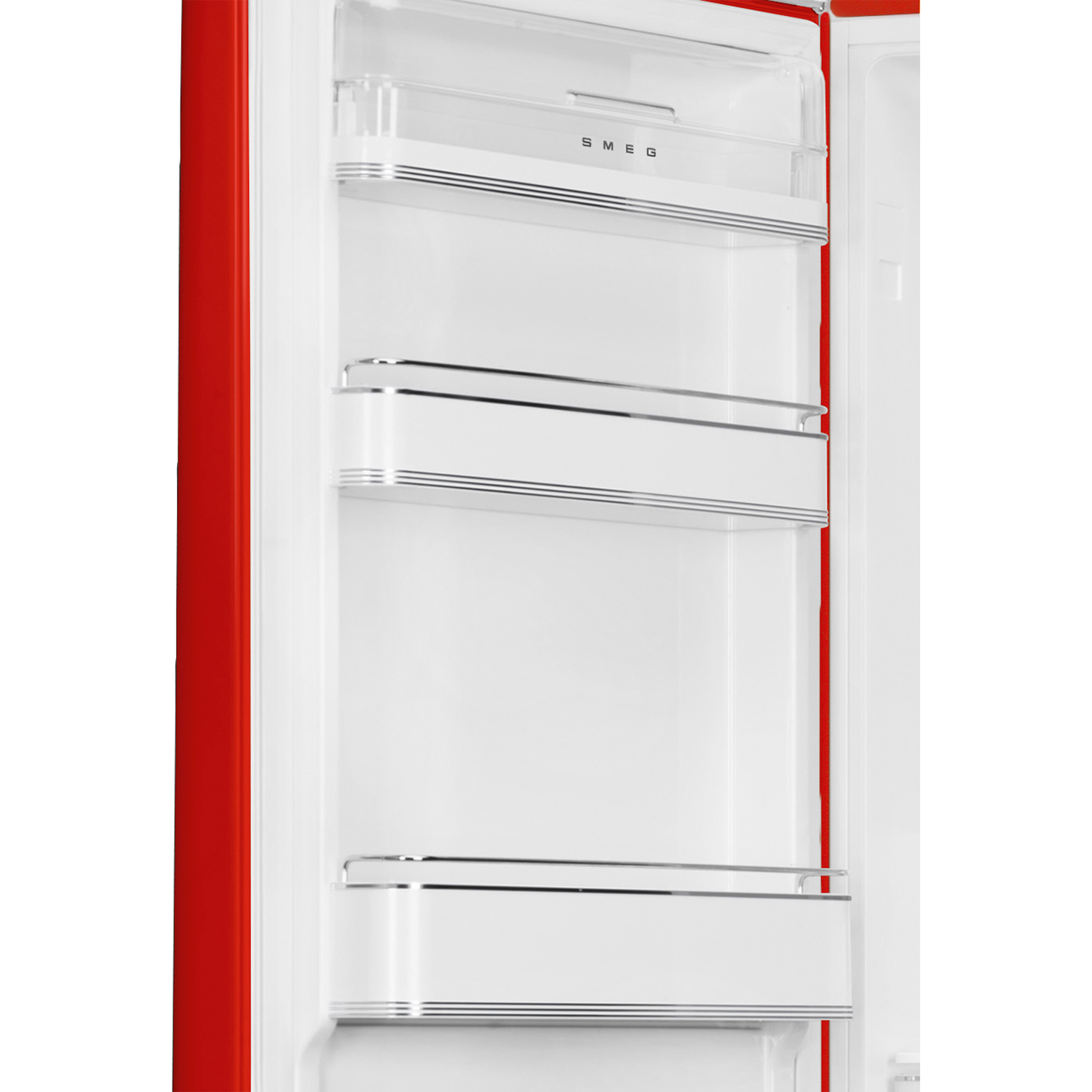 Open red and white SMEG refrigerator. White interior with shelves, chrome trim. Red door frame. SMEG logo at top.