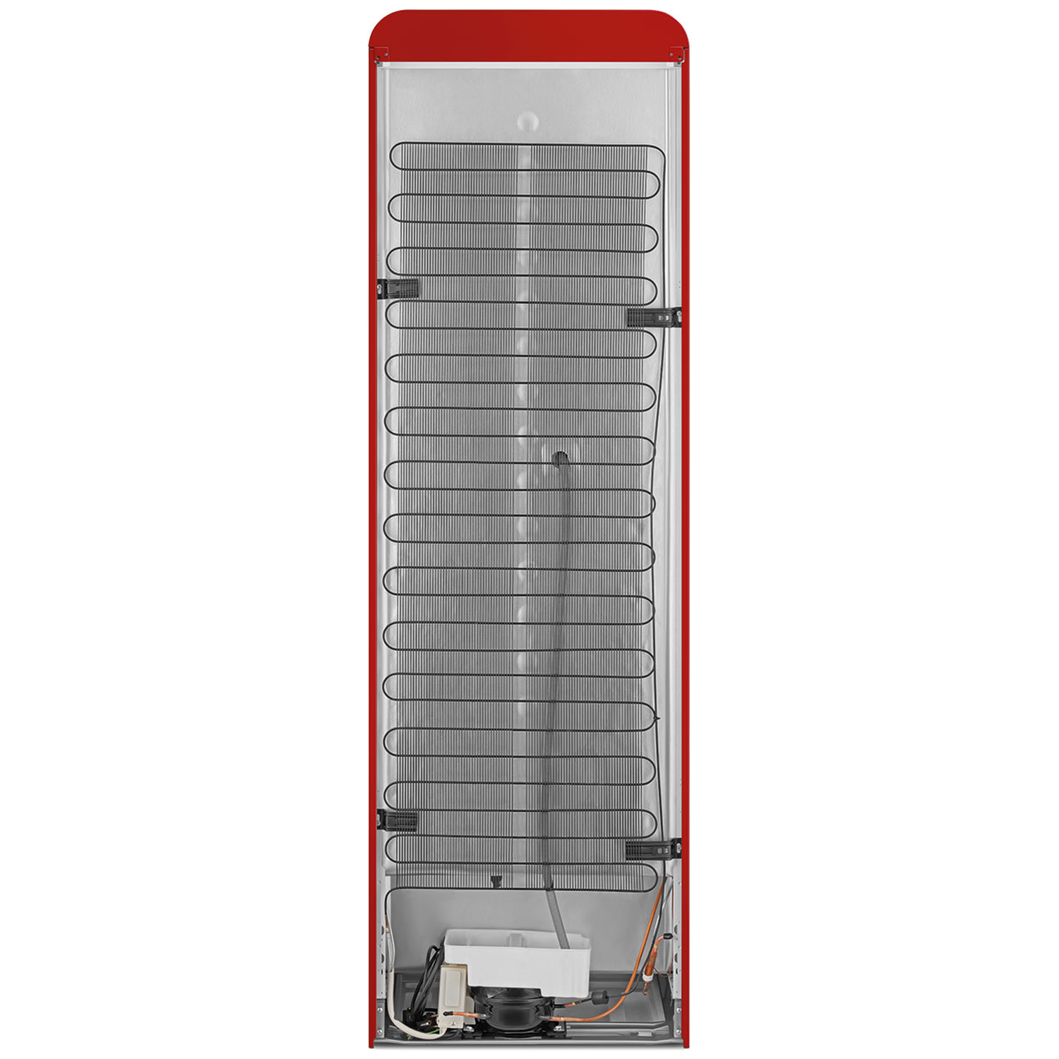 The back of a red refrigerator. It has black coils and a silver metal panel. Wires and components are visible at the base.