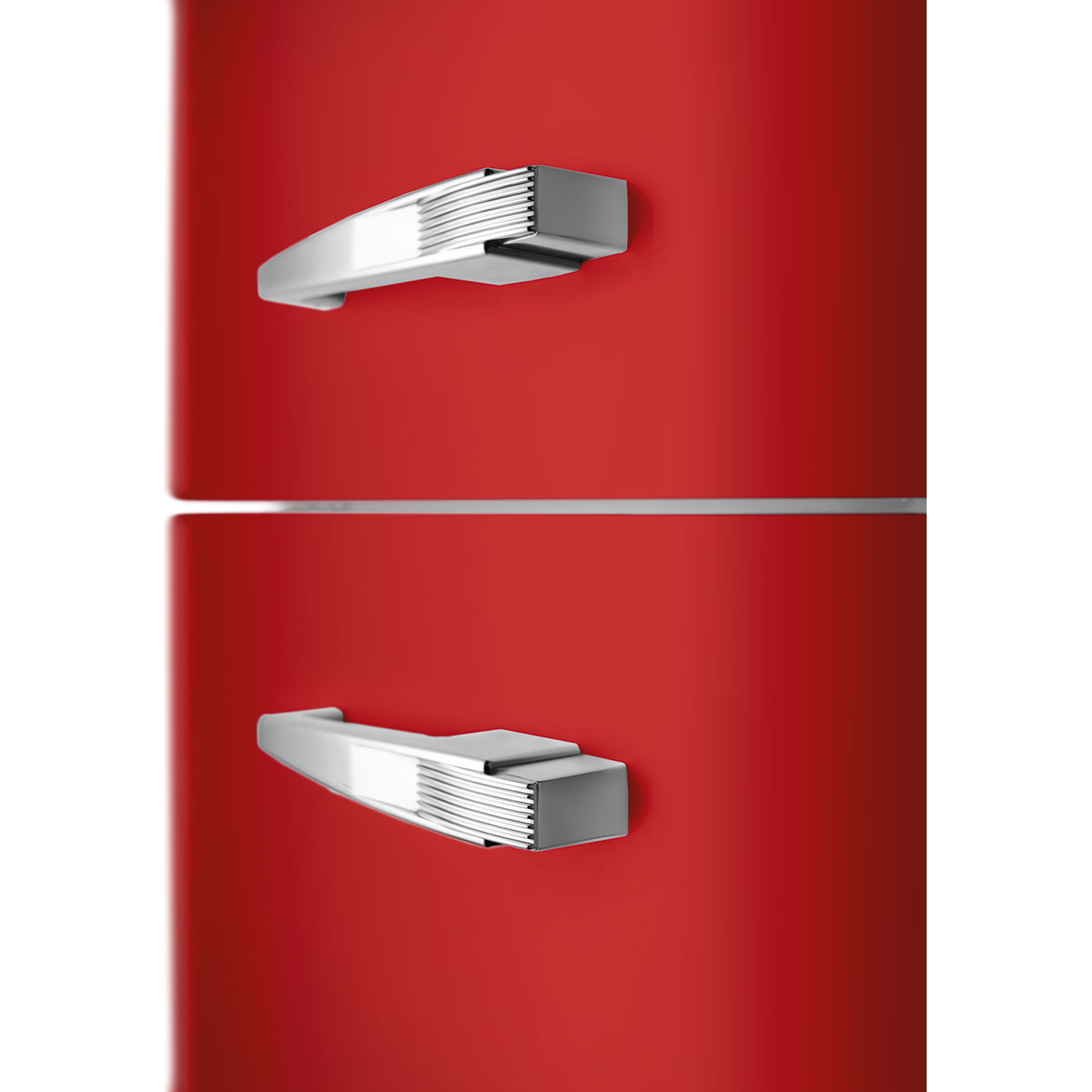 Red refrigerator with chrome handles. The top handle is above the bottom handle. White background on the right.