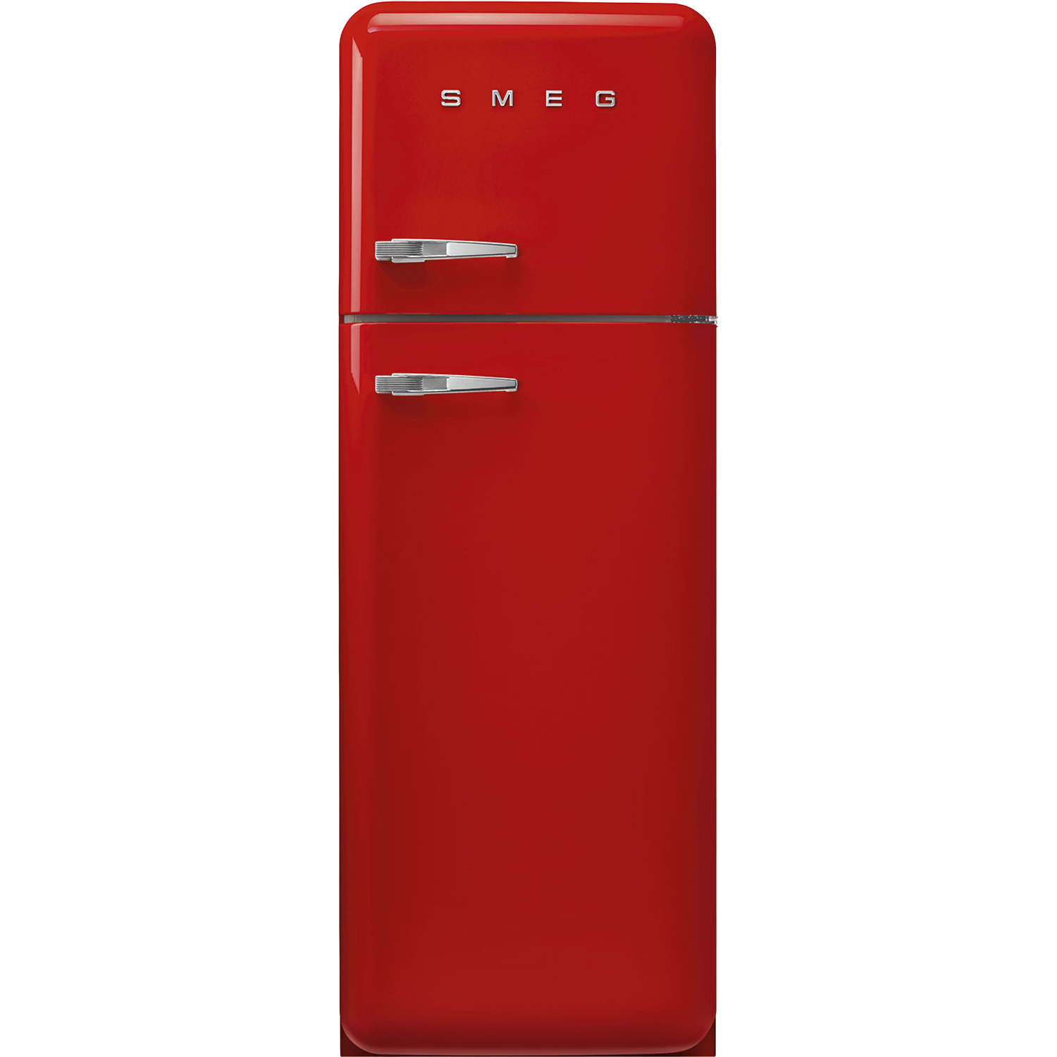 Een rode Smeg koelkast. Het heeft twee deuren, chromen handgrepen en het Smeg logo bovenaan. De achtergrond is wit.