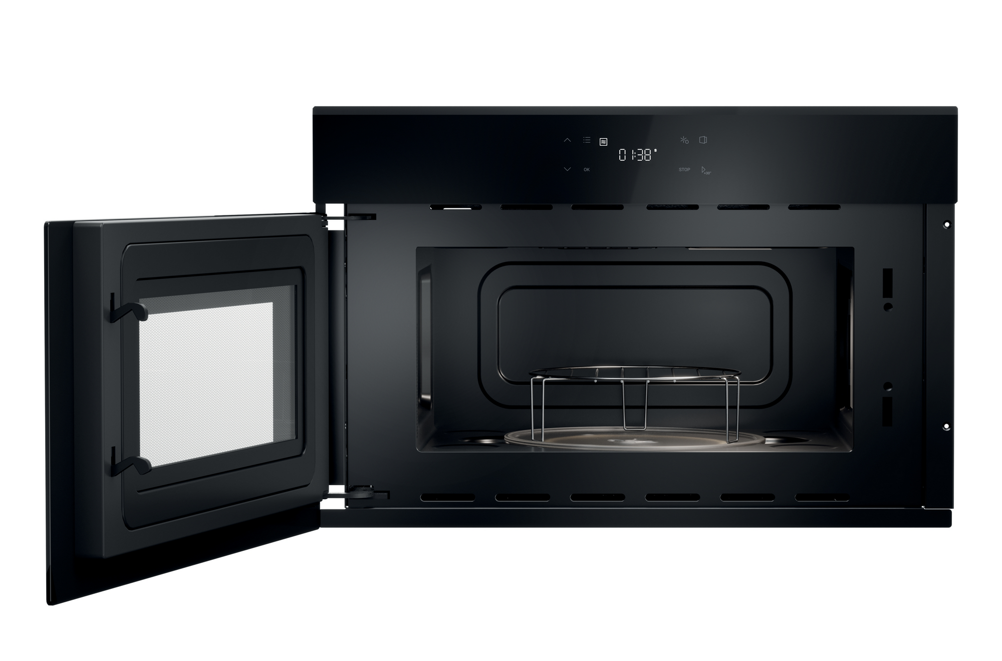Microondas negro abierto. Puerta abierta a la izquierda. Interior muestra plato giratorio y rejilla. Reloj digital 0:38.