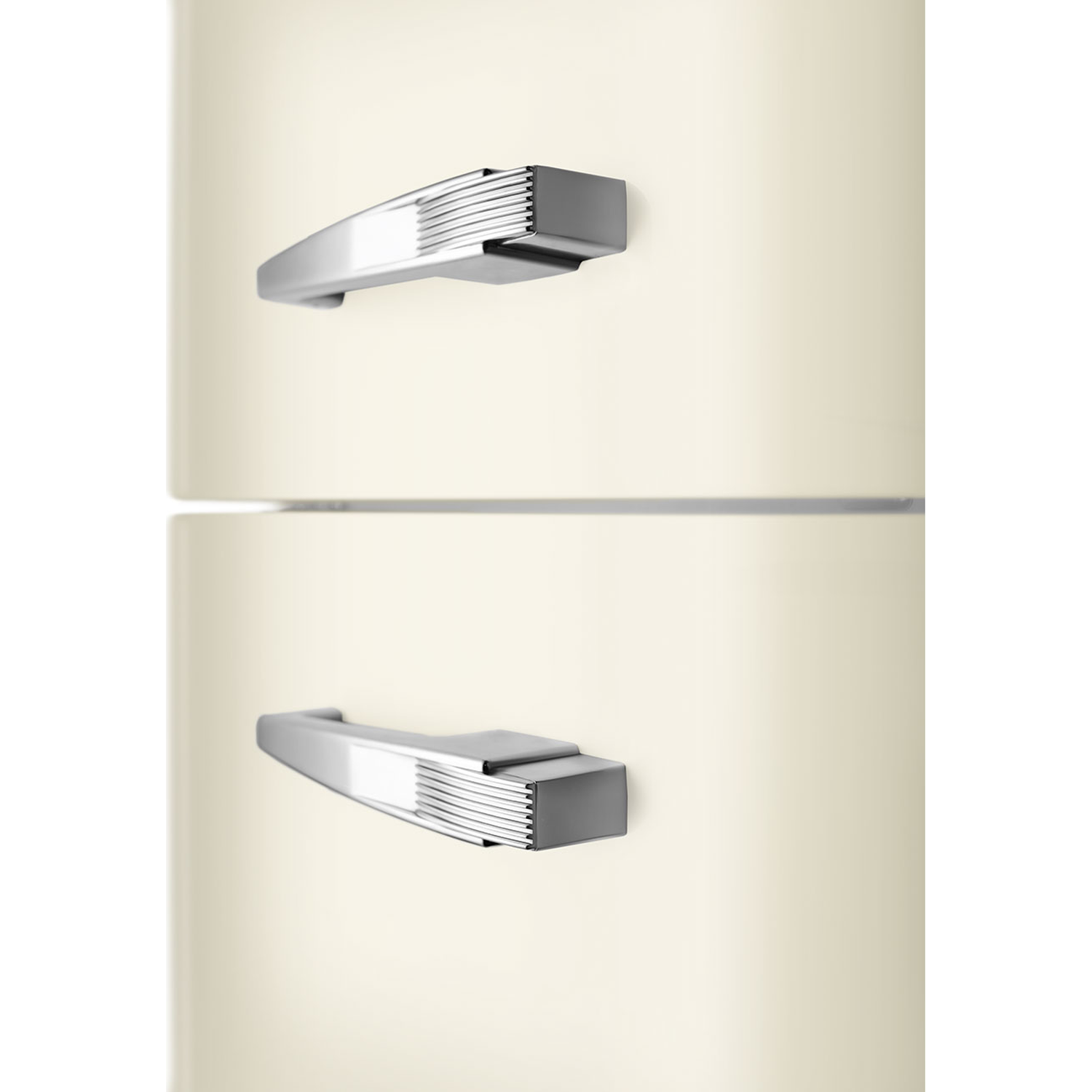 Close-up of a cream-colored refrigerator with two silver handles. The handles are rectangular with horizontal grooves.