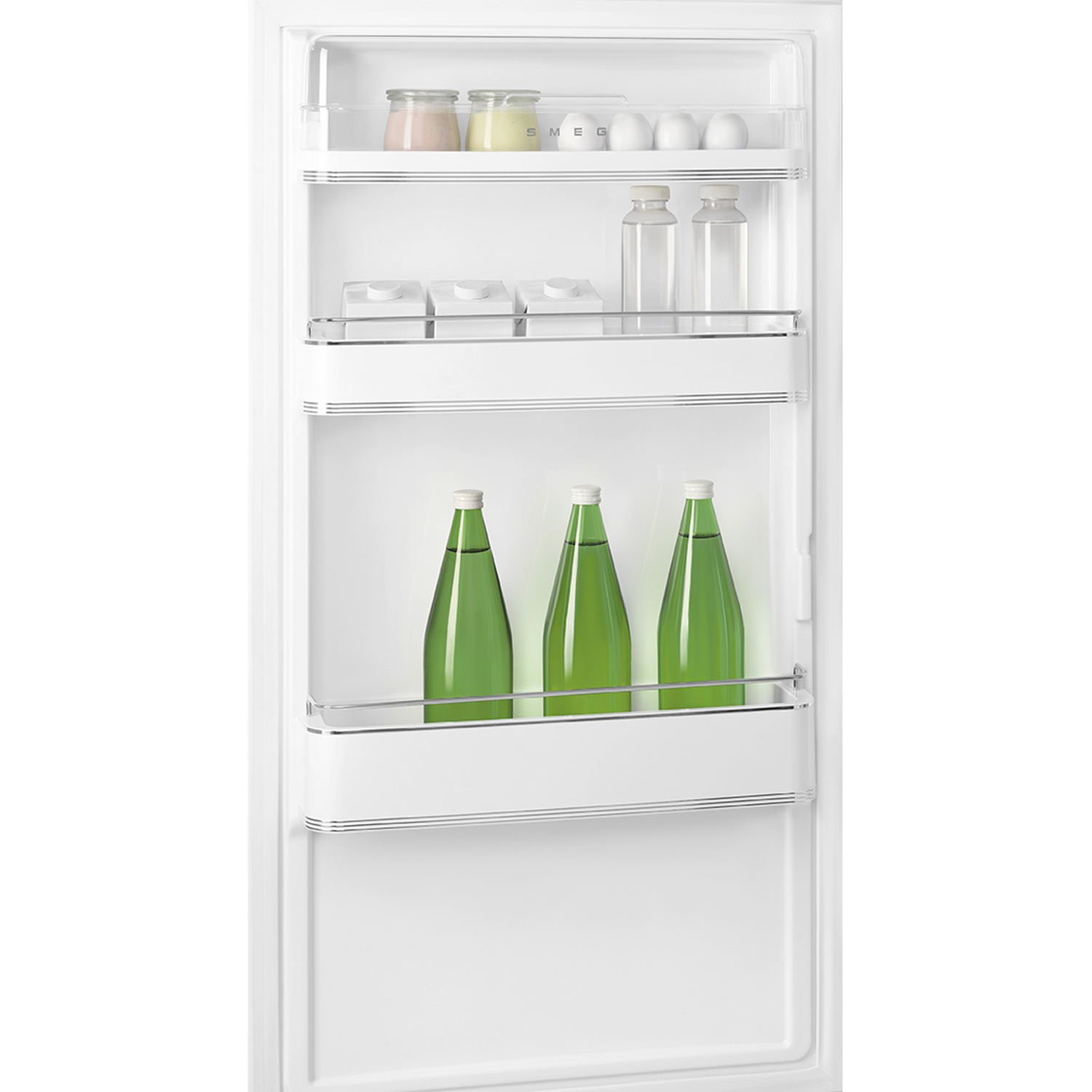 Inside a white fridge, shelves hold jars, eggs, cartons, and water bottles. Three green glass bottles are on the bottom shelf.