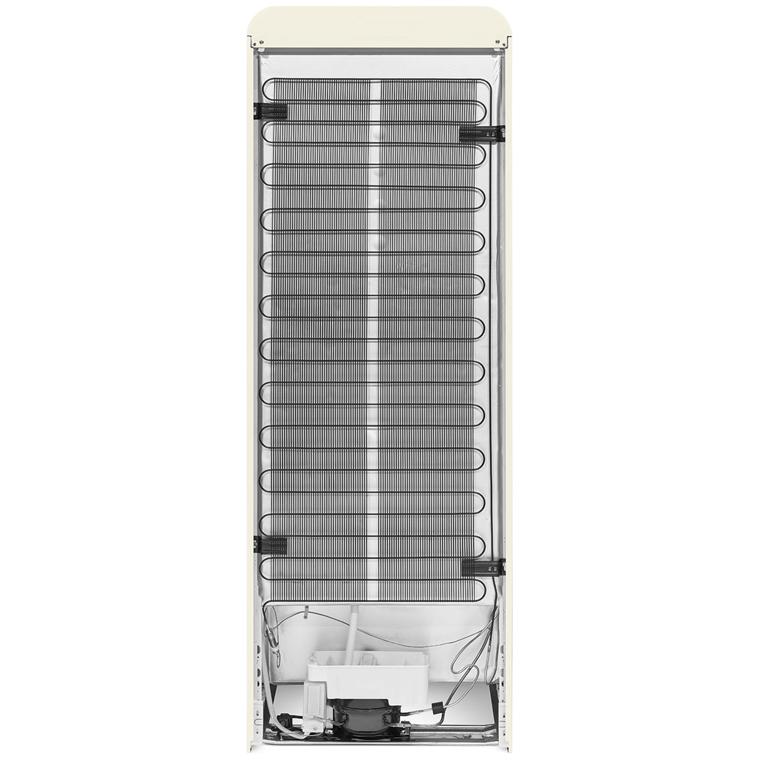 The back of a cream-colored refrigerator. It has black cooling coils, and various components at the bottom, against a white background.
