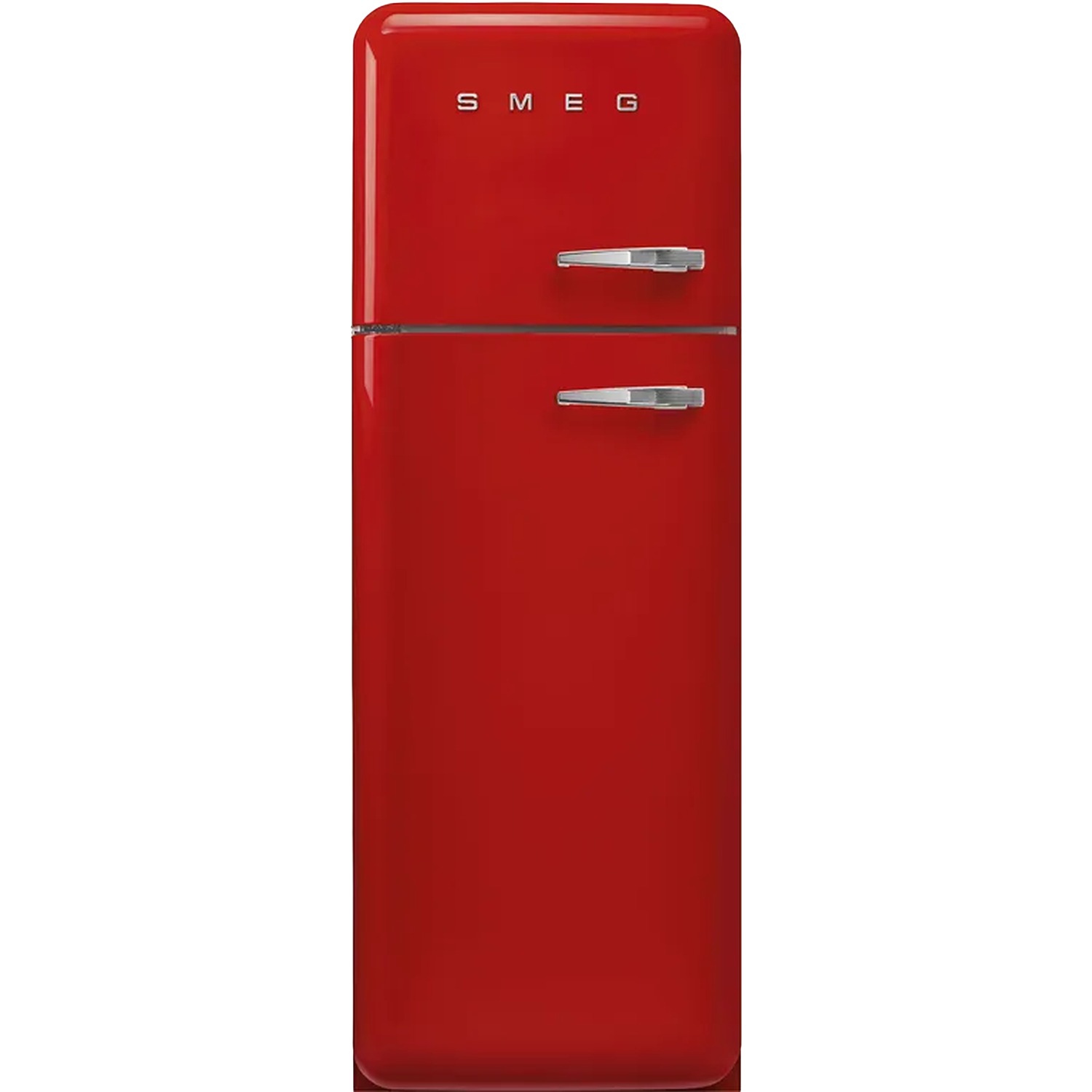Een rode Smeg koelkast met zilveren handgrepen. Het heeft een afgeronde bovenkant en de merknaam is zichtbaar bovenaan.