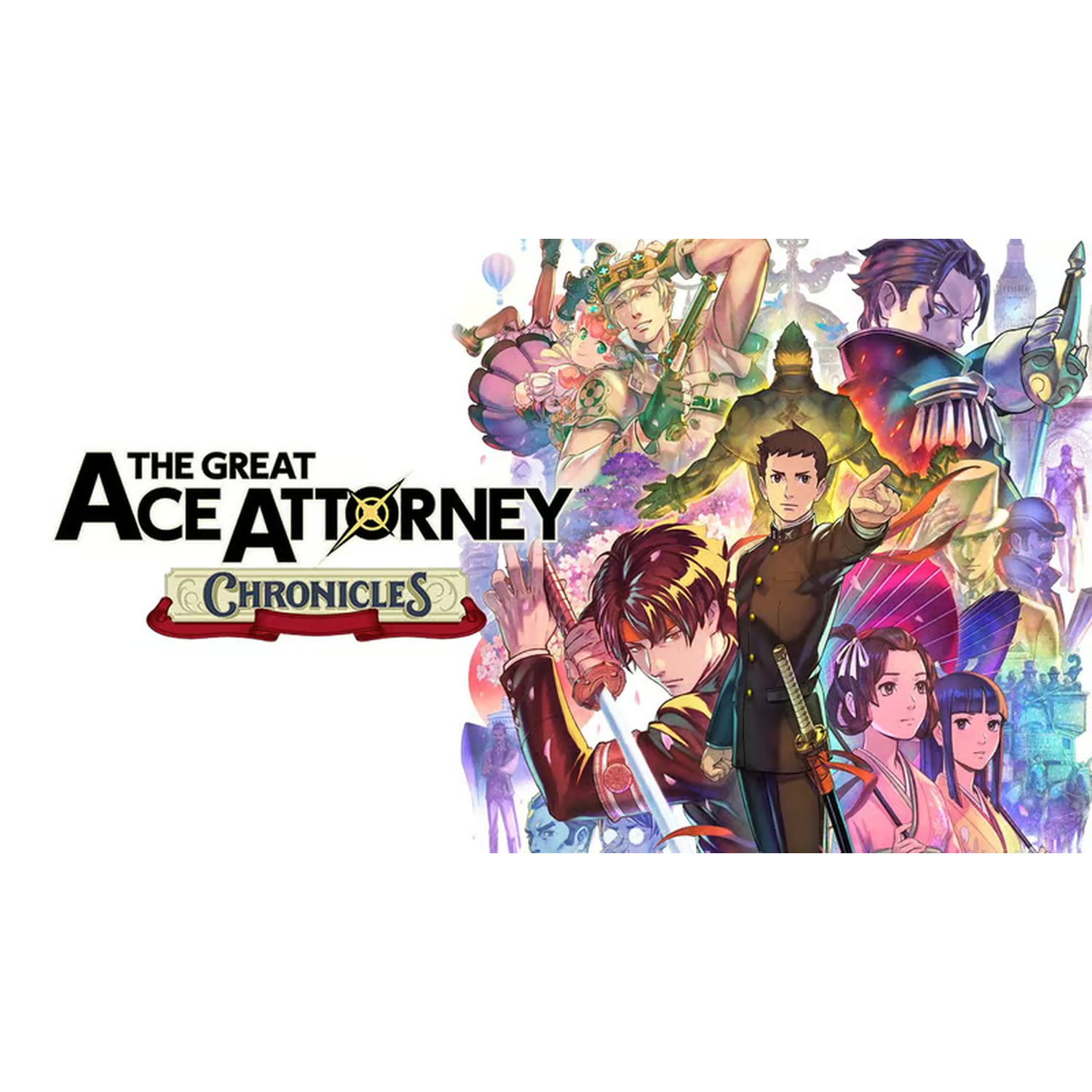 De cover van The Great Ace Attorney Chronicles bevat meerdere personages, een titel en een achtergrond van verschillende figuren en structuren.