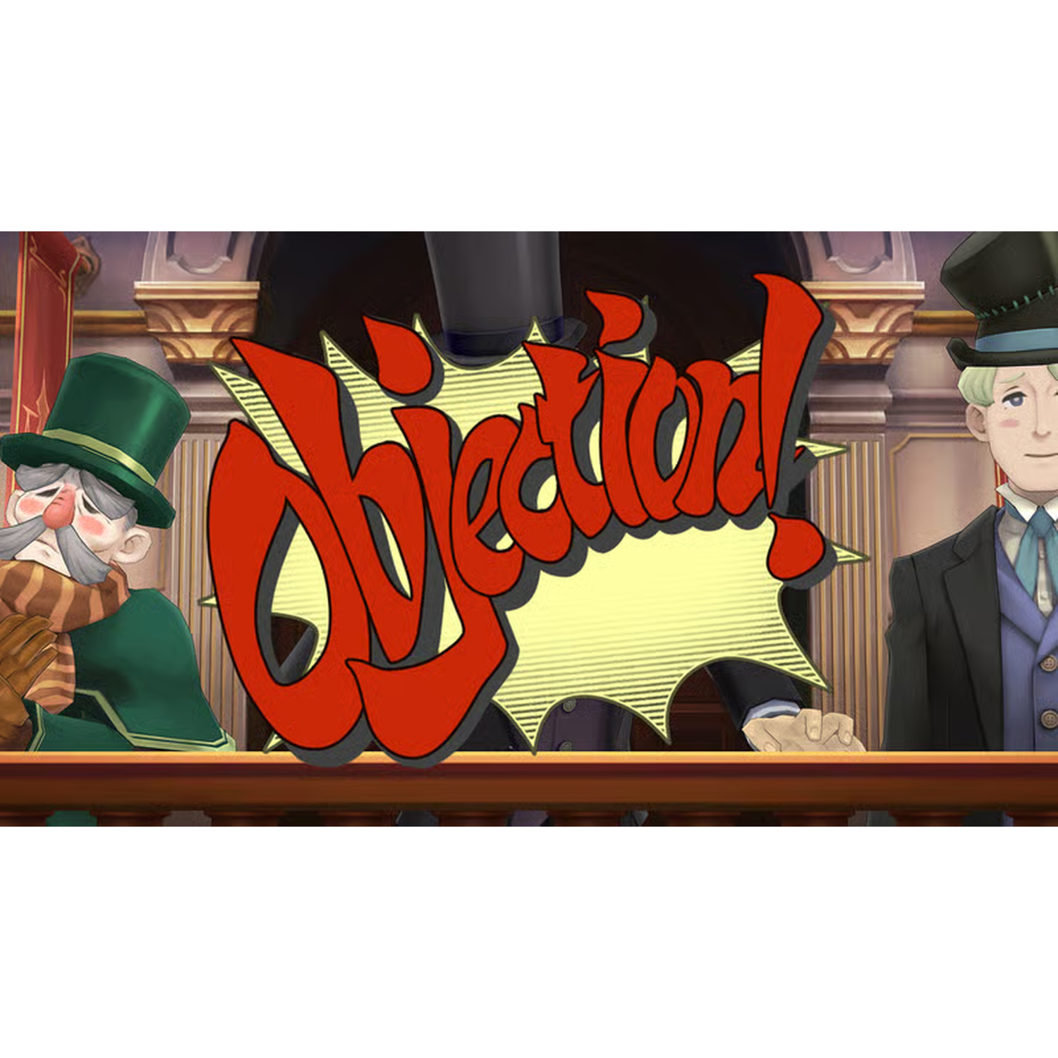 Scène uit een juridisch drama. Een grote rode tekst 'Objection!' wordt weergegeven. Twee mannen in pakken en hoge hoeden staan aan weerszijden van de tekst.