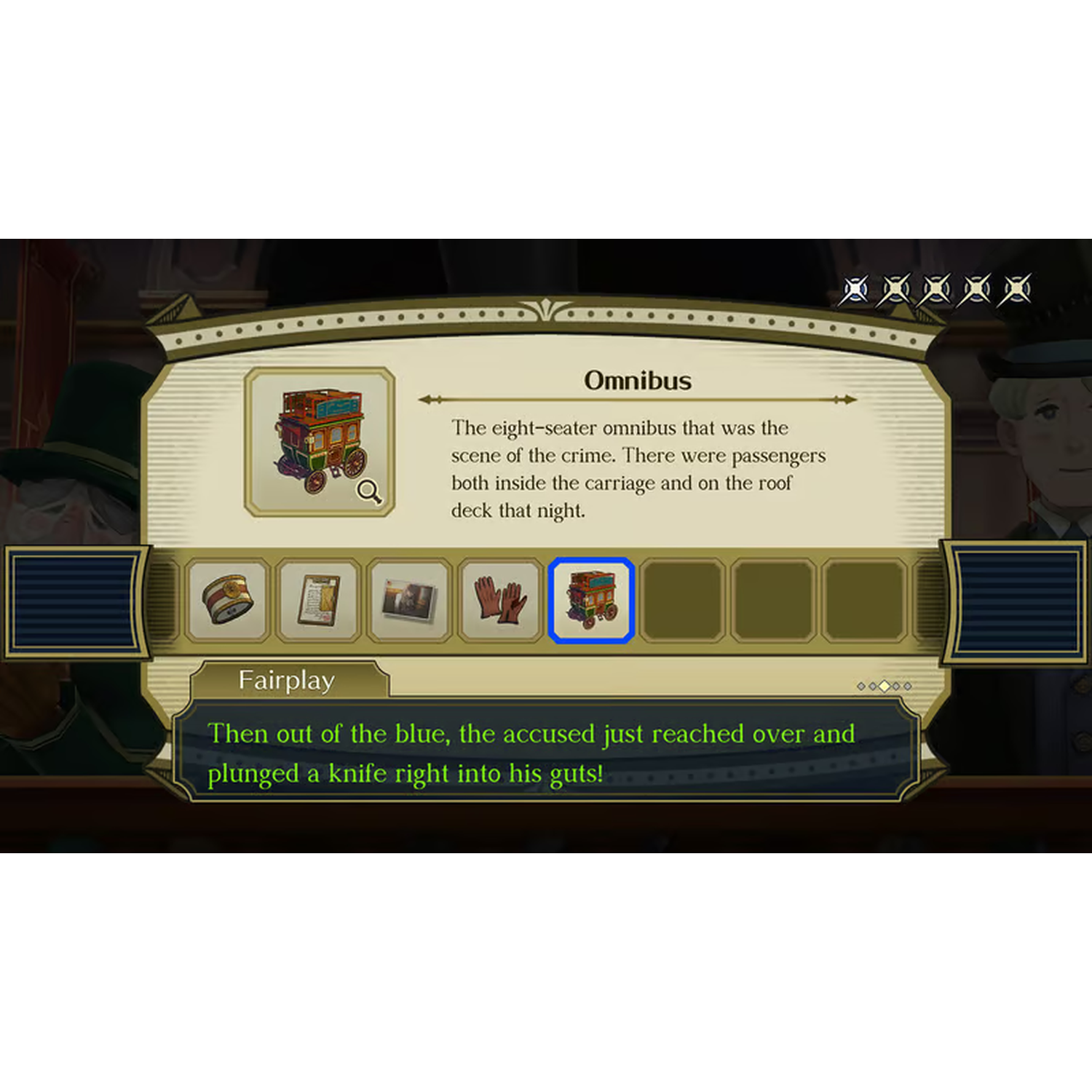 Een game-interface toont tekst over een omnibus, een illustratie ervan en een tekstvak met game-dialoog.