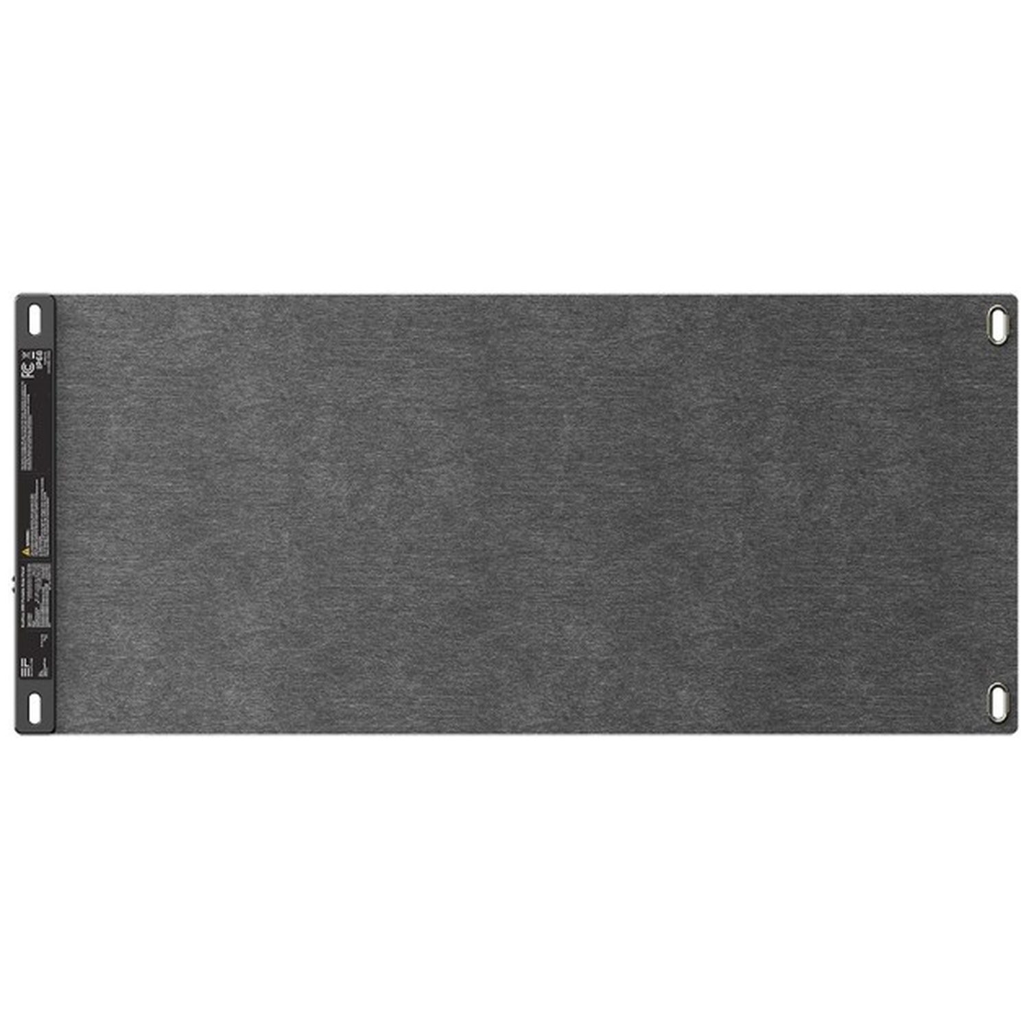 Een rechthoekig, grijs apparaat met zwarte zijpanelen en een zwarte strip aan de linkerkant met labels en indicatoren. Er zitten gaten aan de zijkanten.