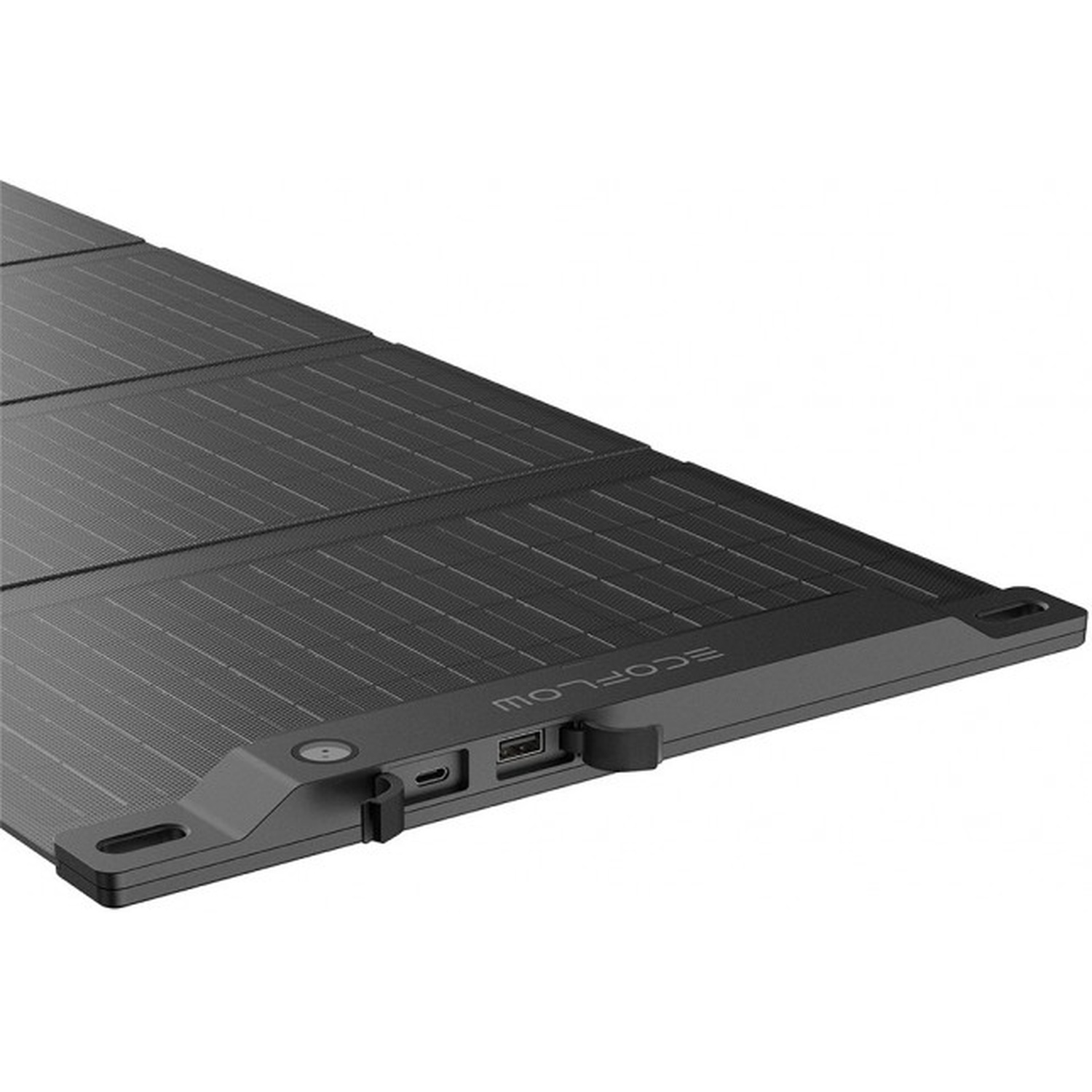 Een zwart rechthoekig zonnepaneel met ECOFLOW-logo en USB-poorten. Het staat schuin met een witte achtergrond.