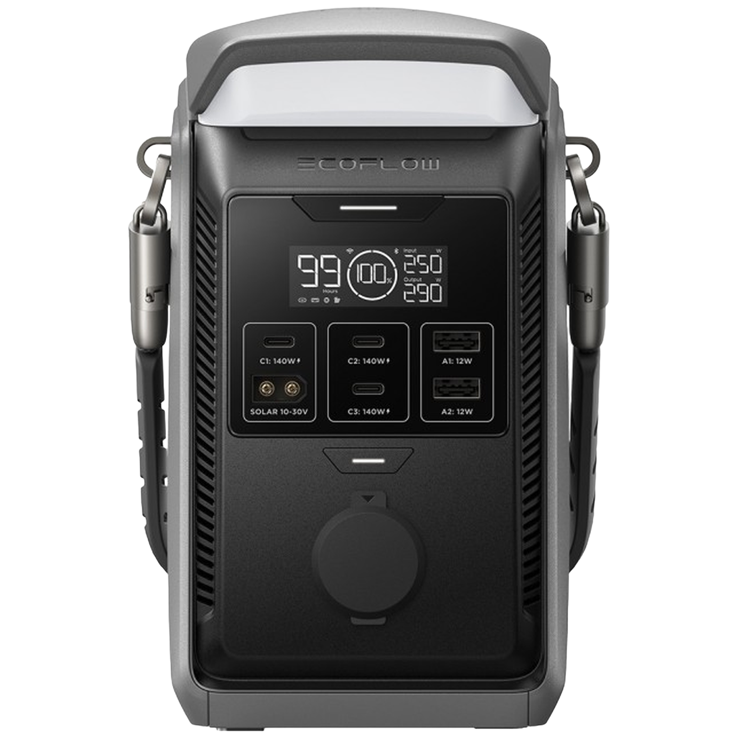 Une station d'alimentation EcoFlow grise. Elle dispose d'un écran affichant la batterie, l'entrée et la sortie. Les ports incluent solaire, C1, C2, C3, A1 et A2.