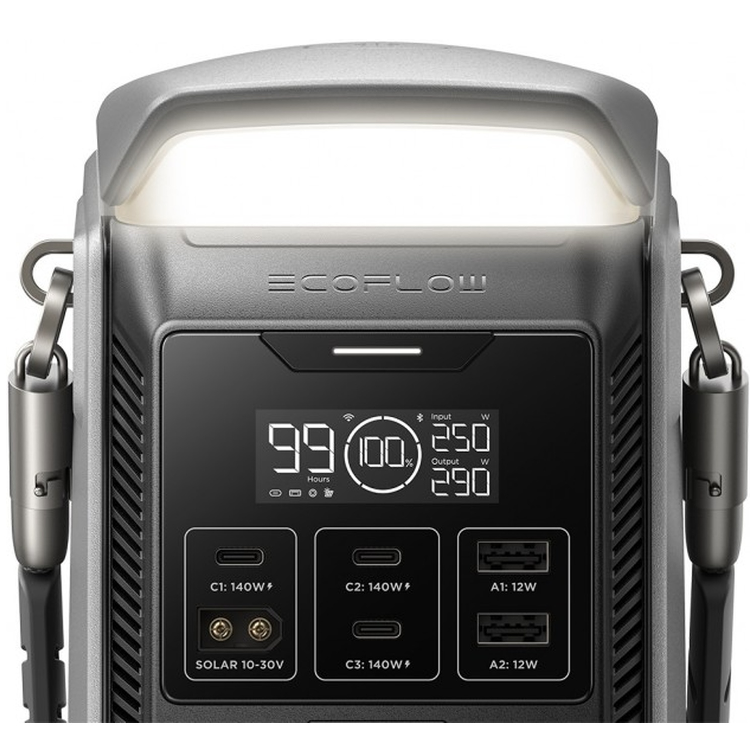 Une centrale électrique portable gris foncé avec un écran numérique indiquant la batterie et la puissance. Poignée et ports.