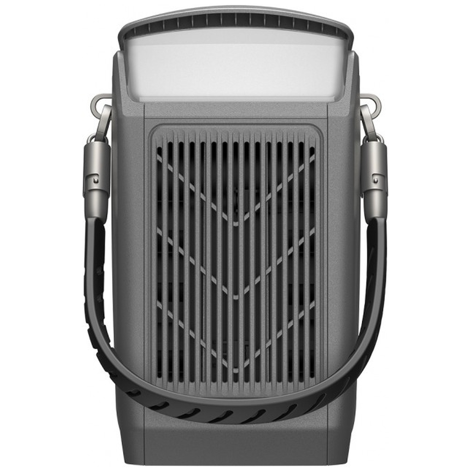 Un purificateur d'air portable gris. Il a une poignée, une grille avant et un dessus blanc. Le fond est blanc.