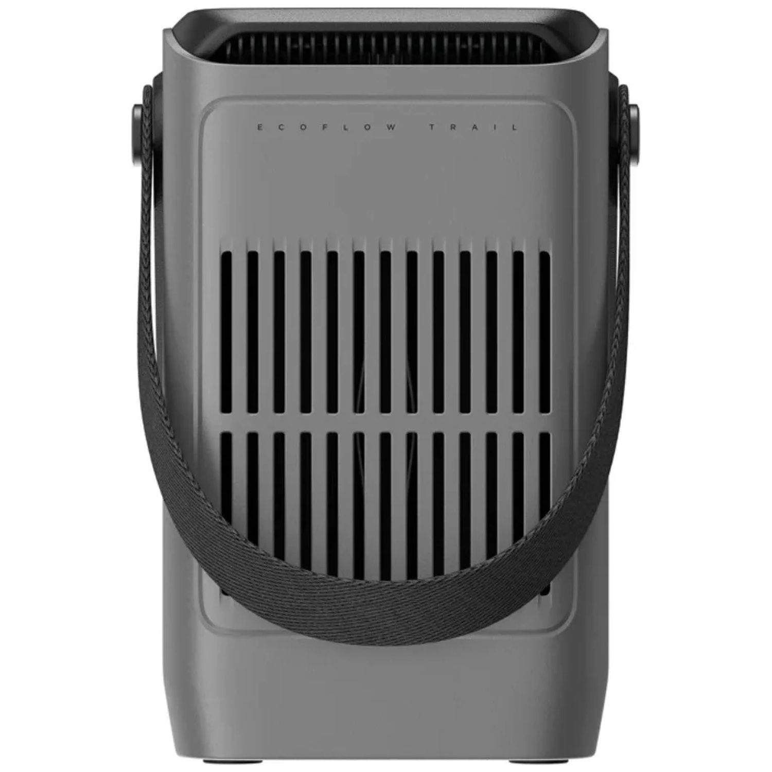 Een grijze luchtreiniger met zwarte verticale ventilatieopeningen. Het heeft een zwarte handgreep en het woord 'ECOFLOW TRAIL' is zichtbaar.