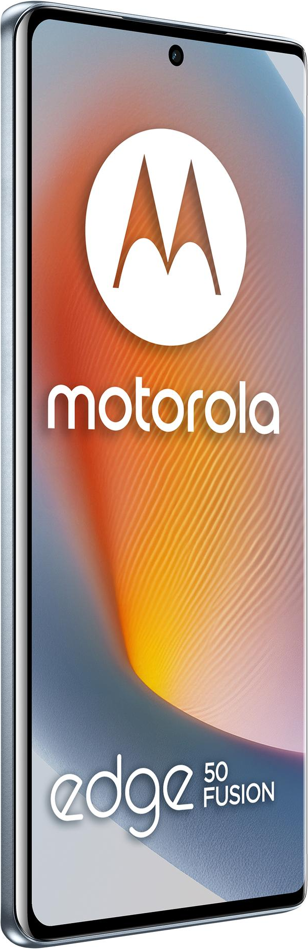 Téléphone Motorola Edge 50 Fusion. Logo et texte blancs sur fond dégradé coloré. Le téléphone est dans un boîtier argenté.