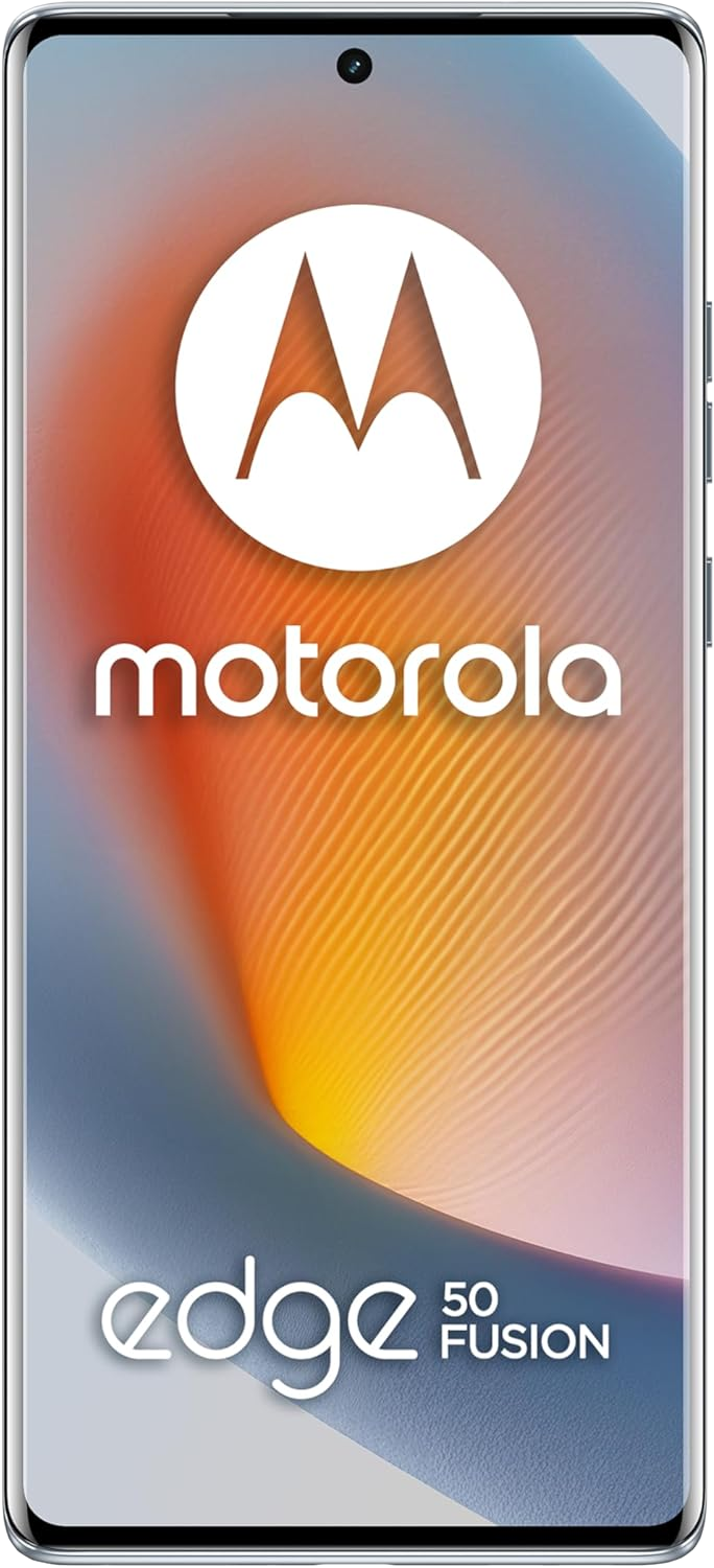 Téléphone Motorola Edge 50 Fusion. Logo Motorola blanc sur fond dégradé orange et bleu. Le bord du téléphone est argenté.