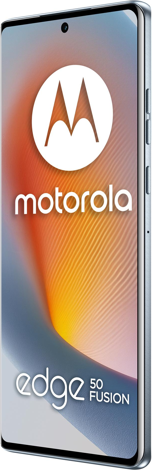 Téléphone Motorola Edge 50 Fusion. Logo blanc sur fond dégradé coloré. Le téléphone a un cadre et des boutons bleus.