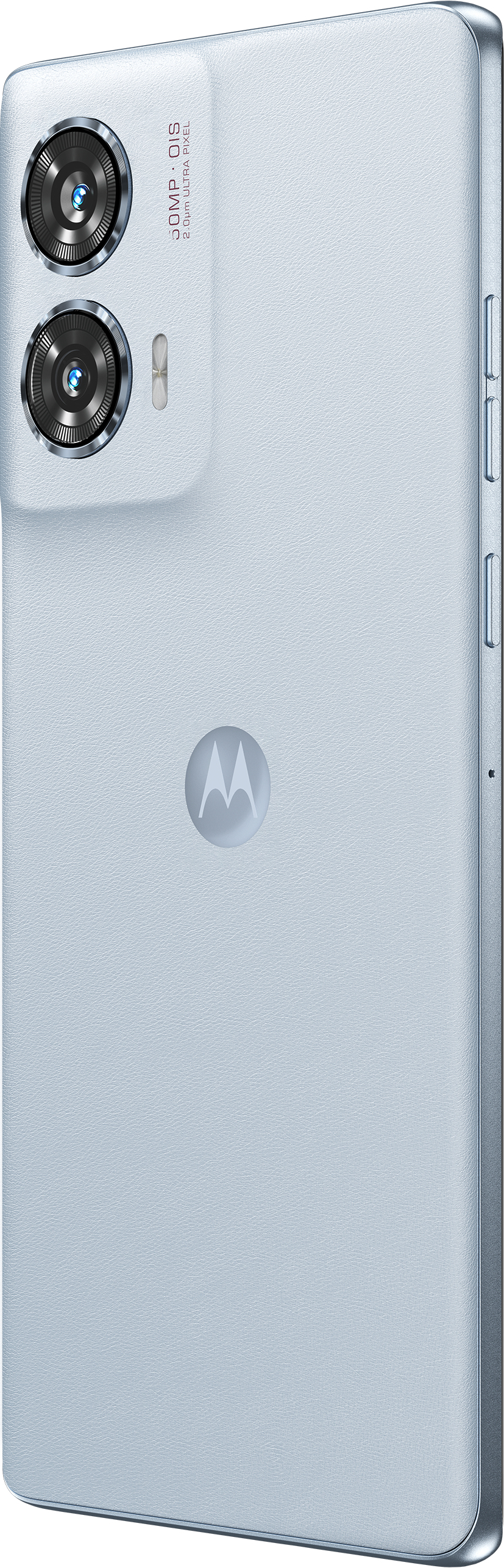 Dos de téléphone Motorola bleu clair. Deux caméras en haut. Logo Motorola au centre.