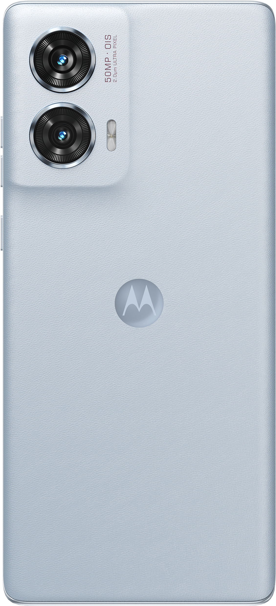 Dos d'un téléphone Motorola. Il possède deux objectifs d'appareil photo, un flash et le logo Motorola. La couleur est bleu clair.