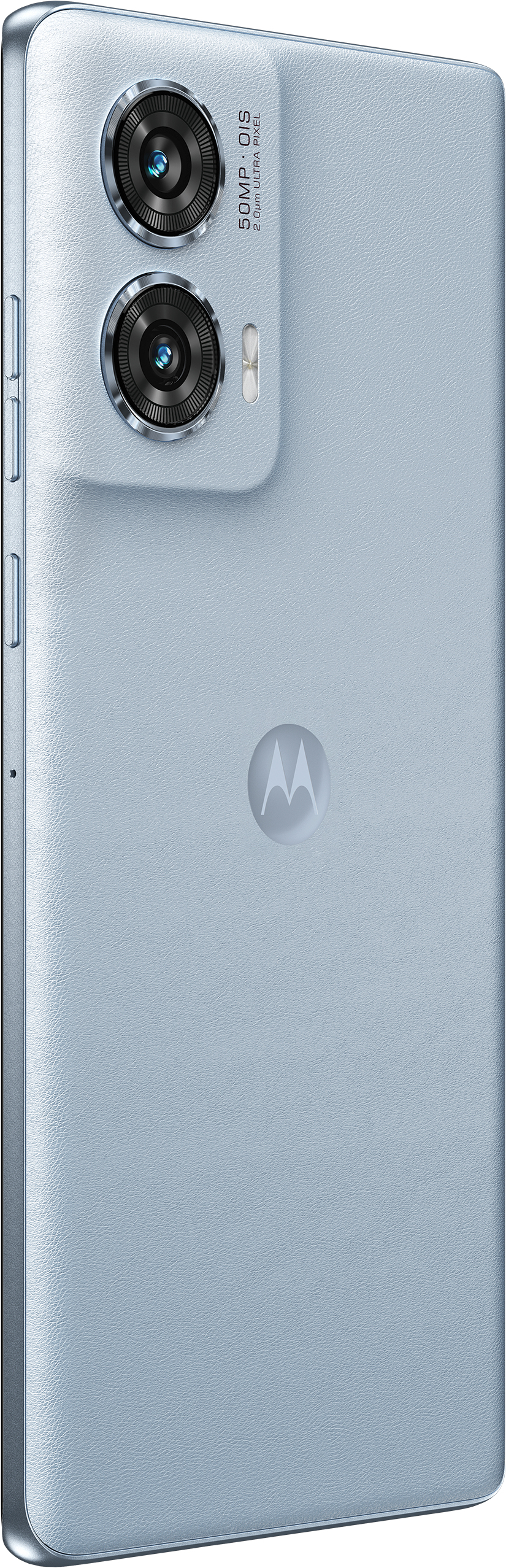 Dos de téléphone Motorola bleu clair. Double caméra en haut, logo Motorola au centre, surface texturée.