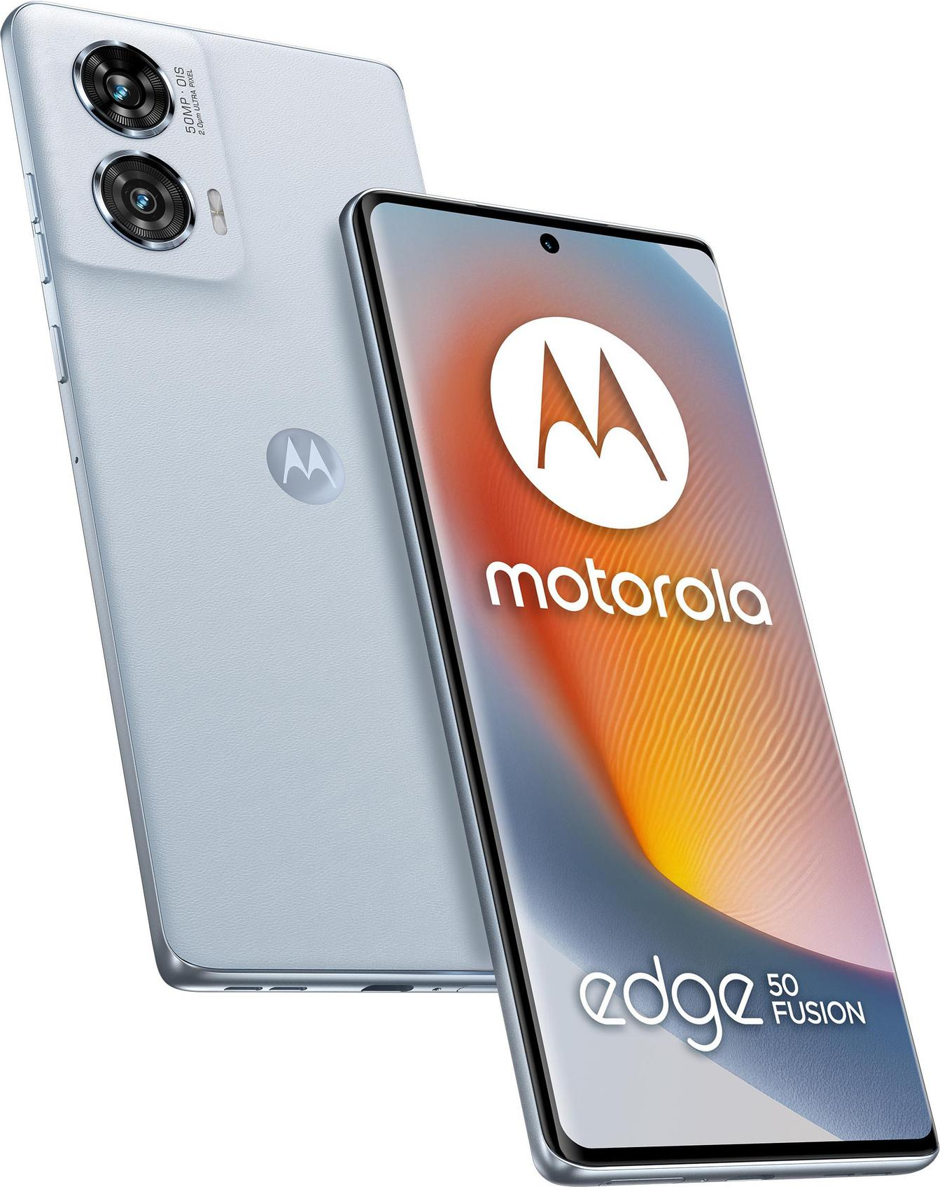 Deux téléphones Motorola Edge 50 Fusion. L'un affiche l'écran avec le logo, l'autre l'arrière avec des caméras. Les deux sont bleu clair.