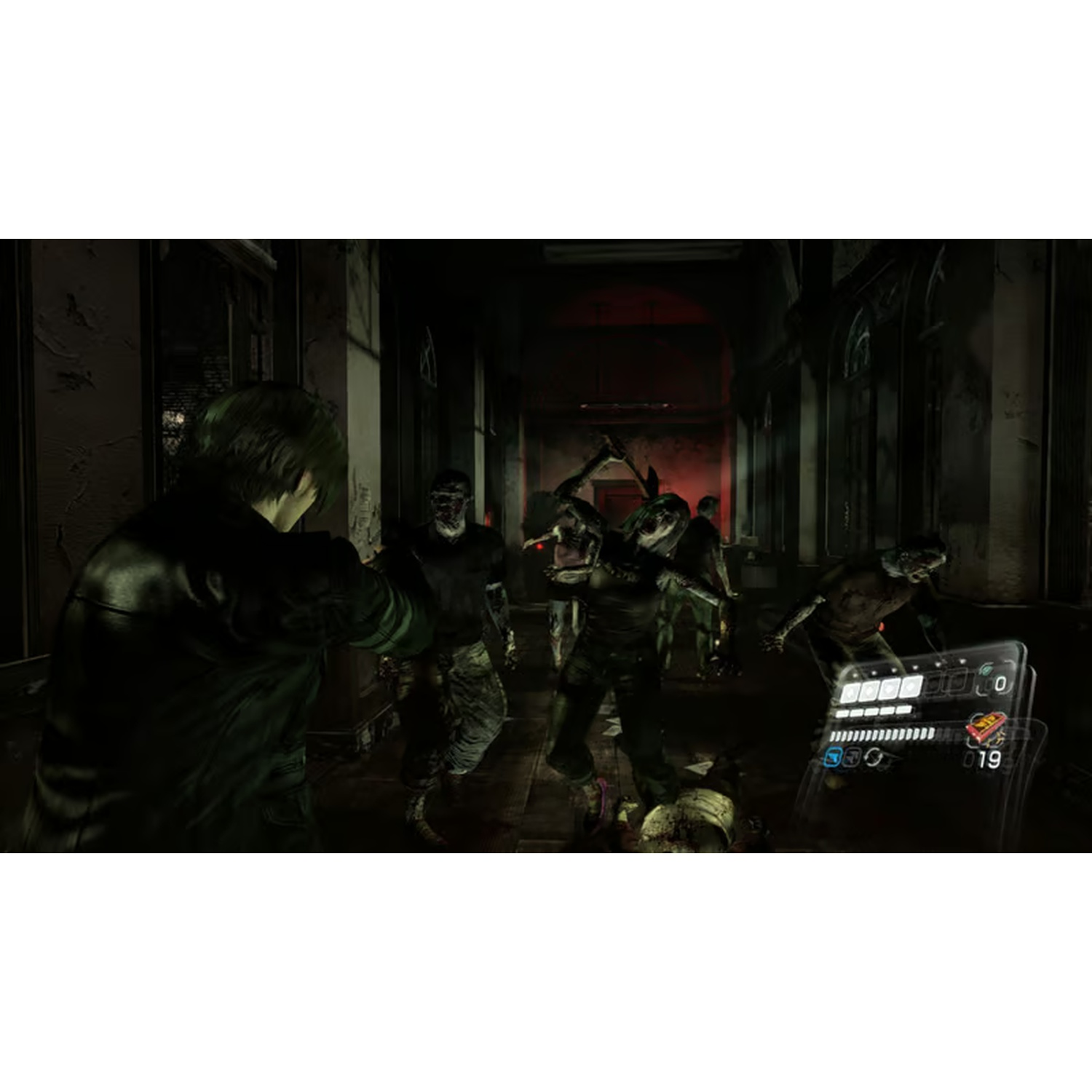 A man aims a gun at zombies in a dark hallway. The scene is from a video game, with a heads-up display visible.