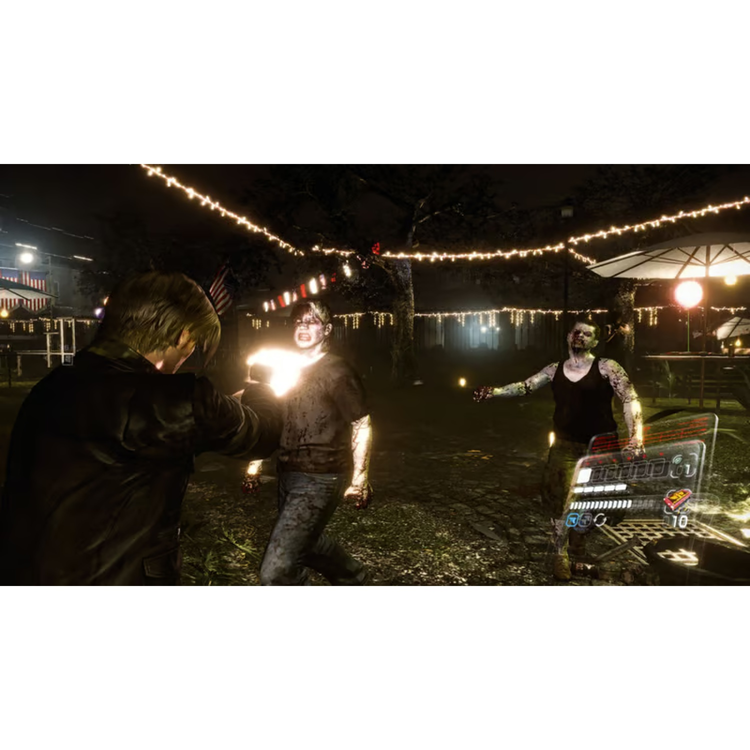 A man fights zombies at night. Bright lights illuminate the scene. One zombie is in the foreground, another is behind him, and the man is in the left.