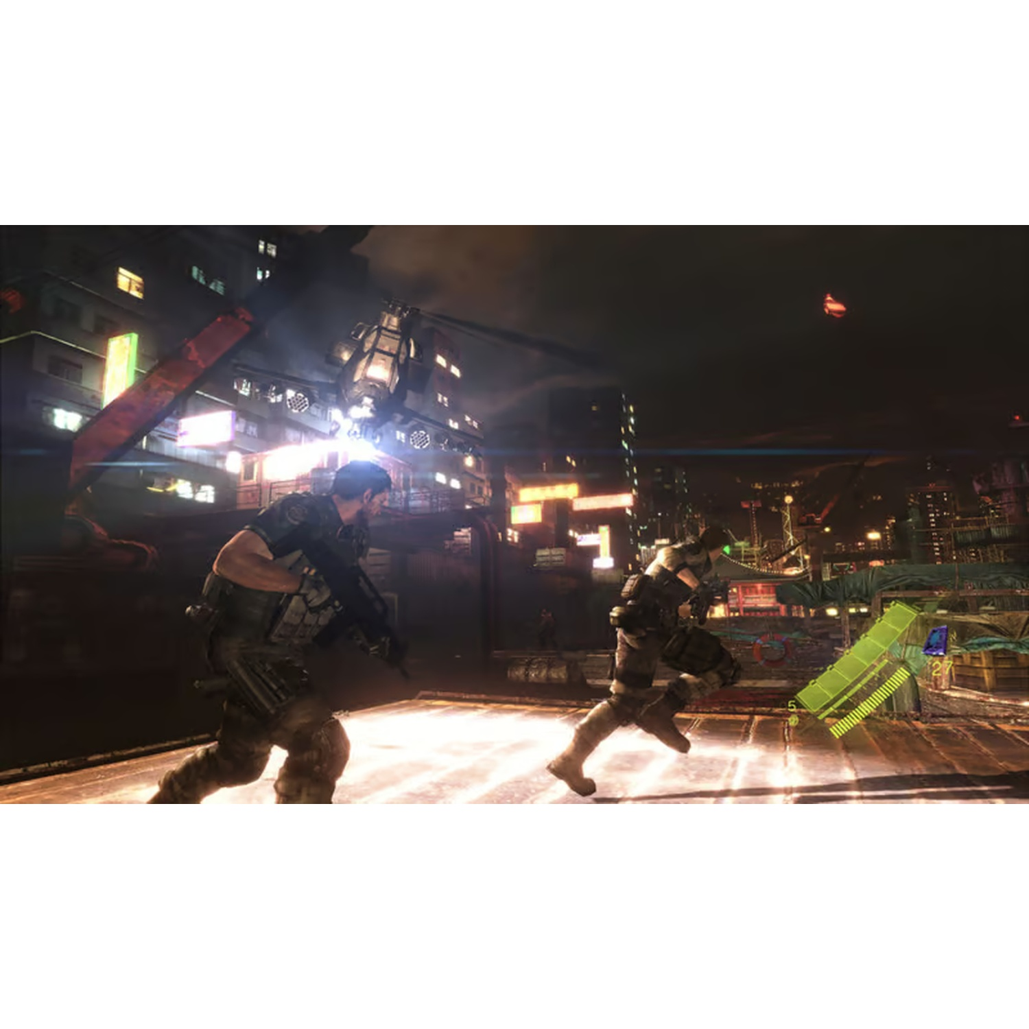 Two soldiers run through a futuristic city at night. Buildings with neon signs and flying objects are in the background.