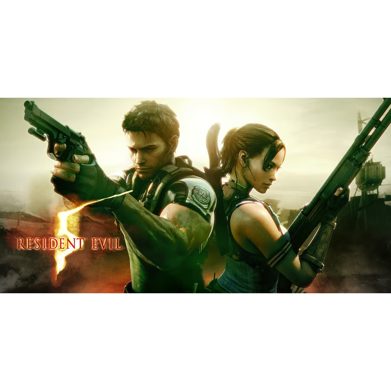 Twee personages uit Resident Evil 5, een man met een pistool en een vrouw met een shotgun, in een woestijnsetting met de titel van het spel.