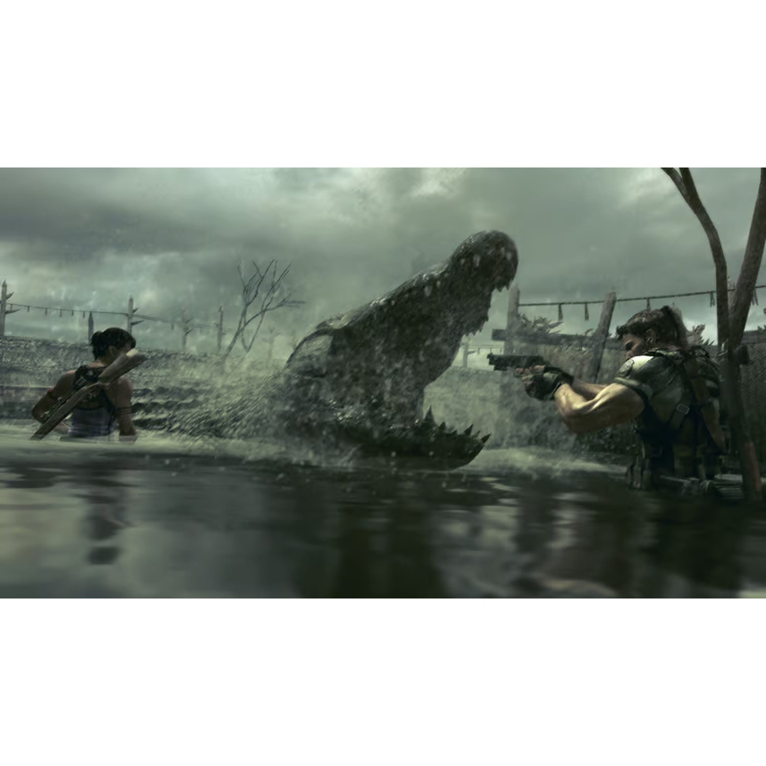 Twee figuren in het water staan tegenover een gigantische alligator. Eén figuur richt een pistool. Donkere, stormachtige lucht boven het moeras.