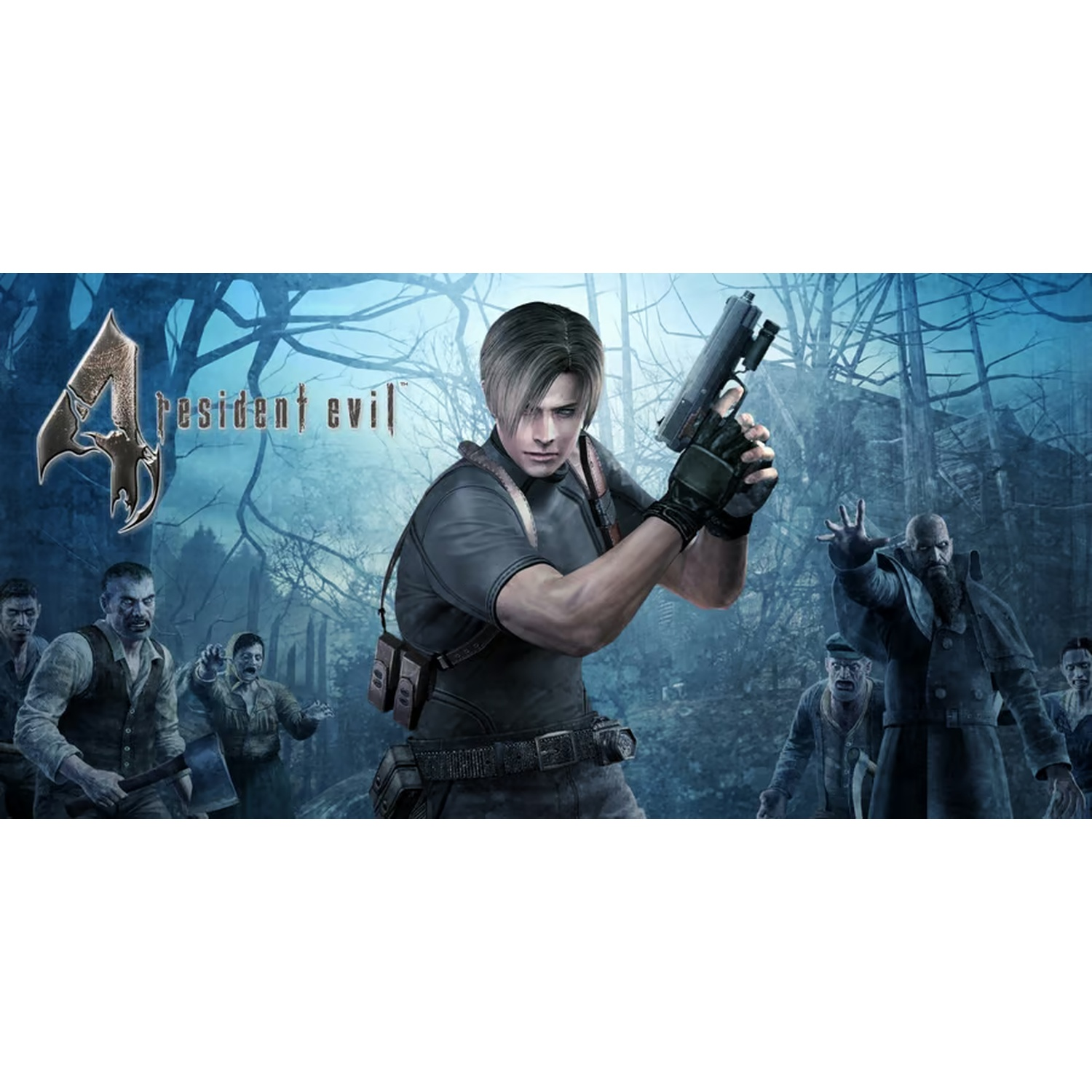 Man met pistool, omringd door zombies. Het Resident Evil 4 logo is zichtbaar.
