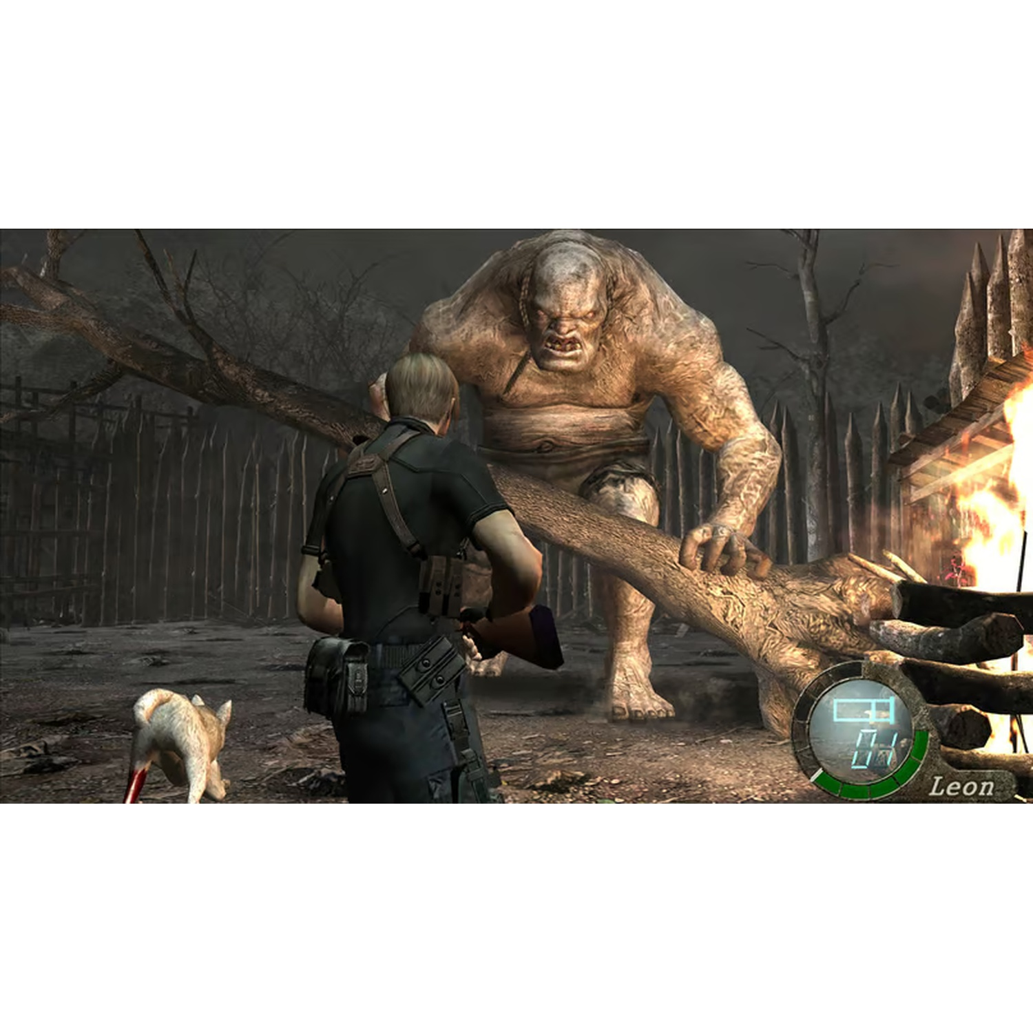 Een man richt een geweer op een groot monster. Een hond rent weg. Rechts brandt een vuur. Een timer is zichtbaar.