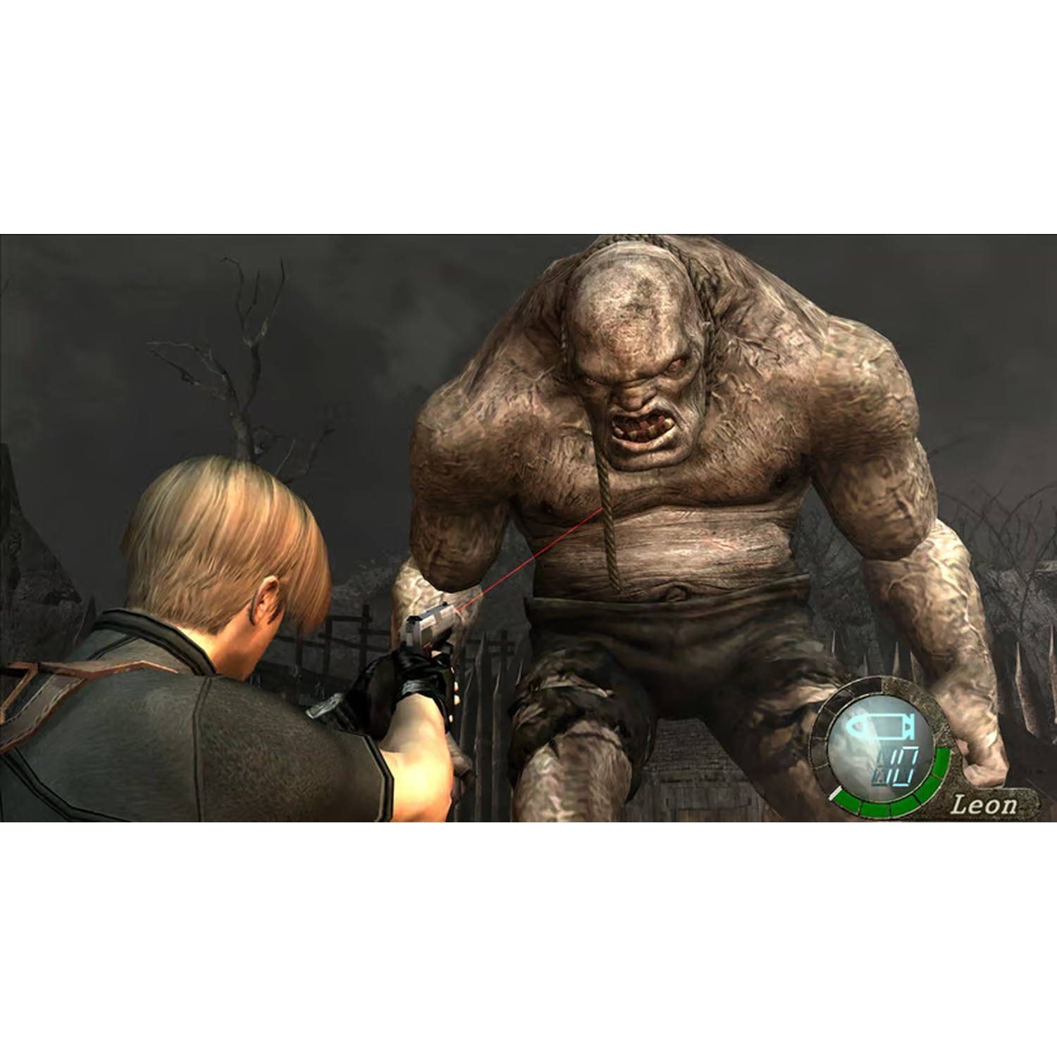 Een man schiet op een gigantisch monster. Het monster is enorm en de man richt met een pistool met vizier.