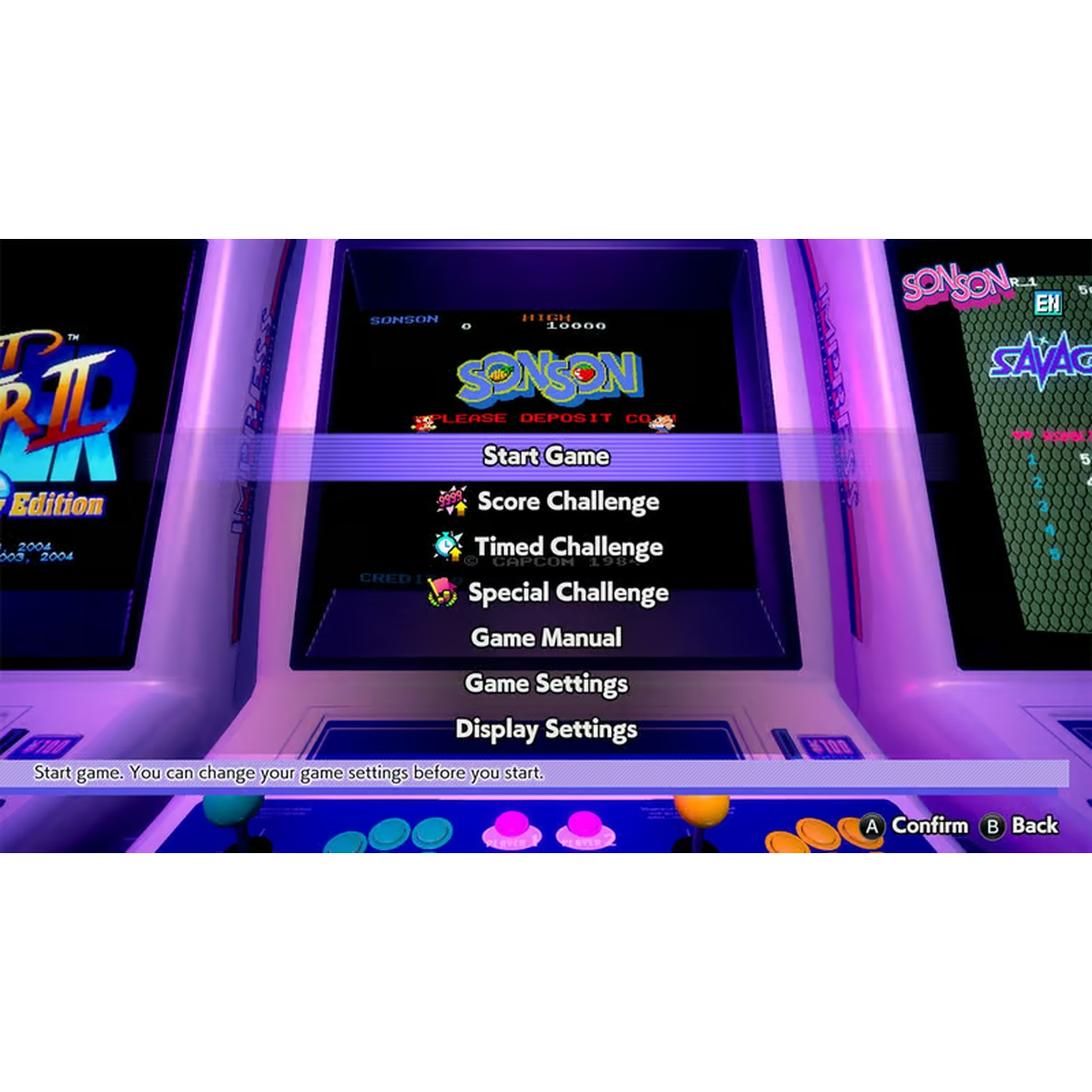 Arcade game menu with 'SONSON' selected. Options include 'Start Game', 'Score Challenge', 'Timed Challenge', and settings.
