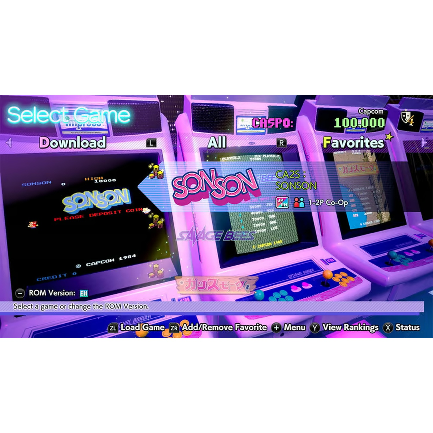 Arcade game selection screen with SonSon and other games, with a purple and white color scheme.