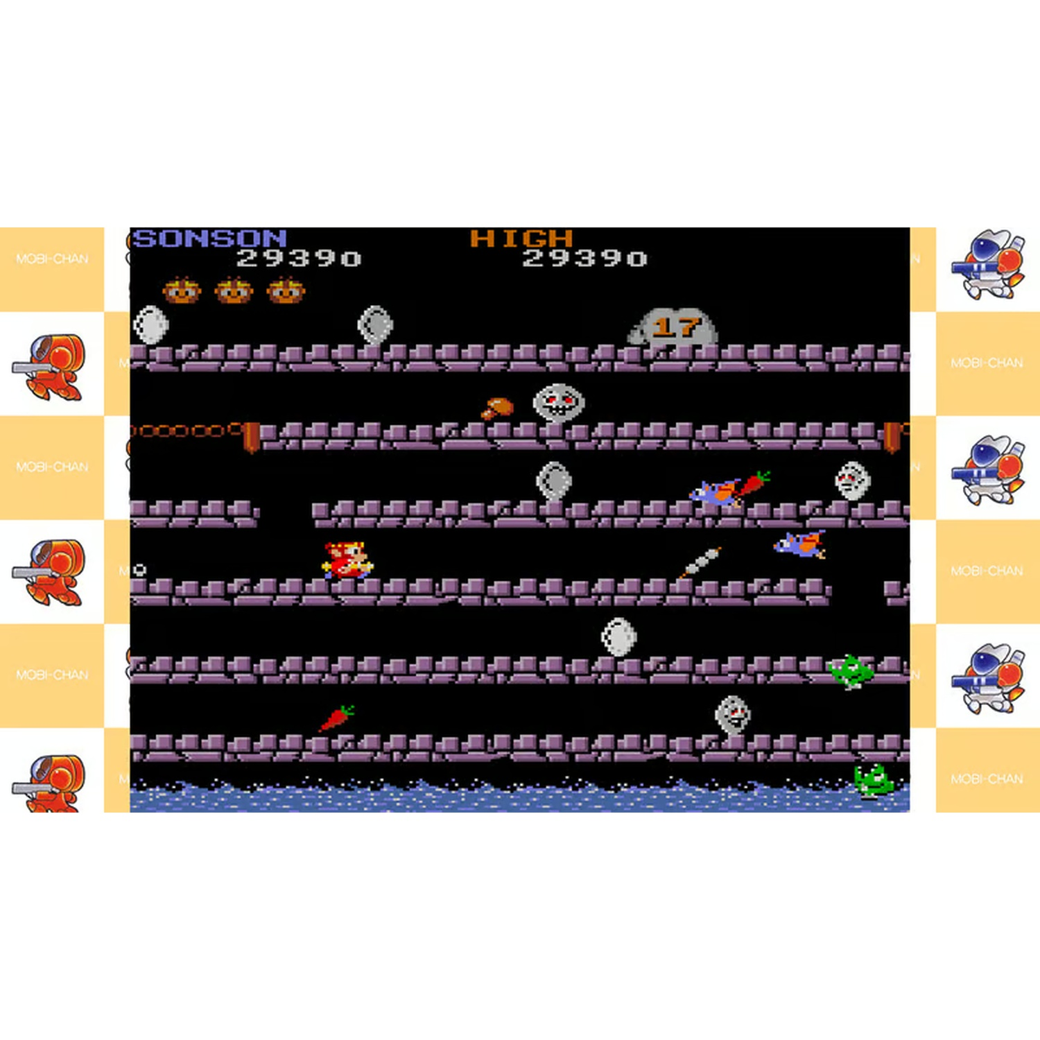A pixelated video game screen with a character navigating platforms, dodging enemies, and collecting items. The score is displayed.