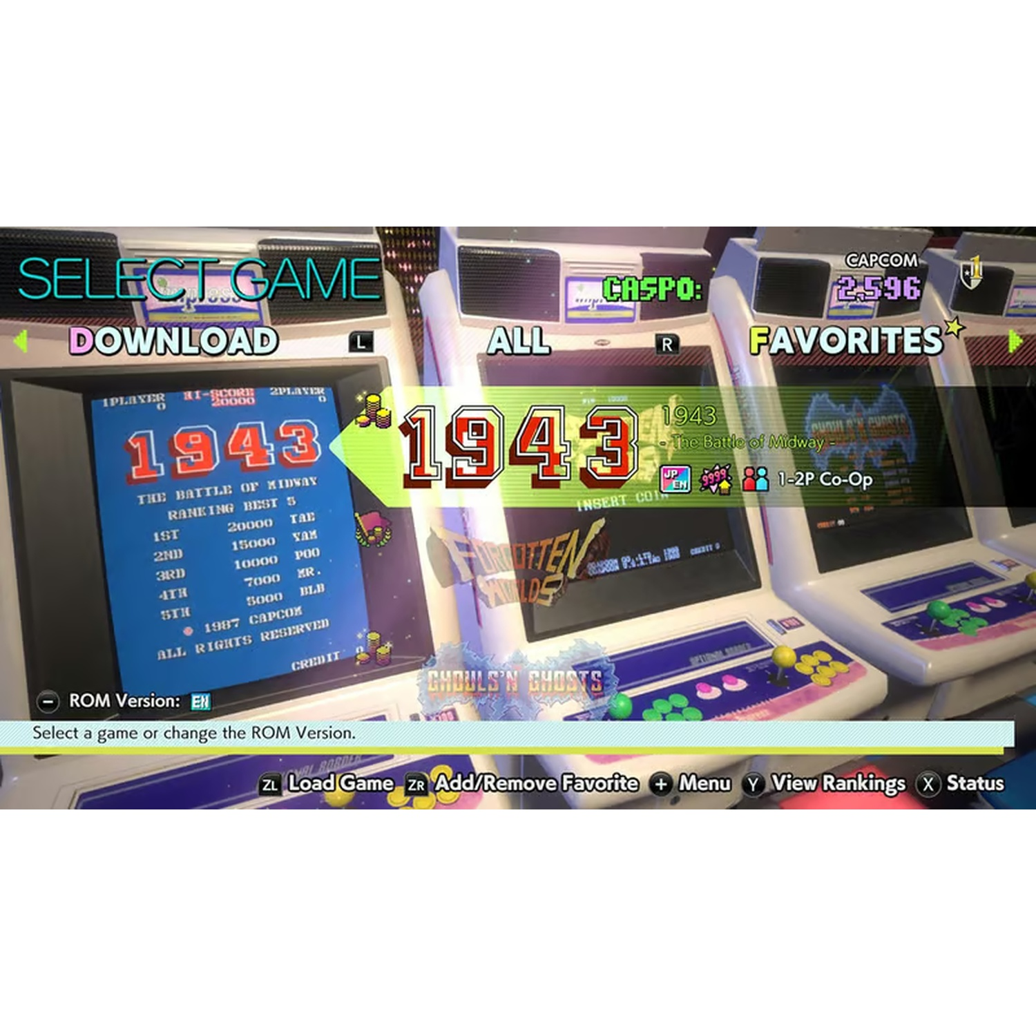 Arcade machines displaying game selection screen.  '1943' selected. Includes game info, buttons, and high scores.