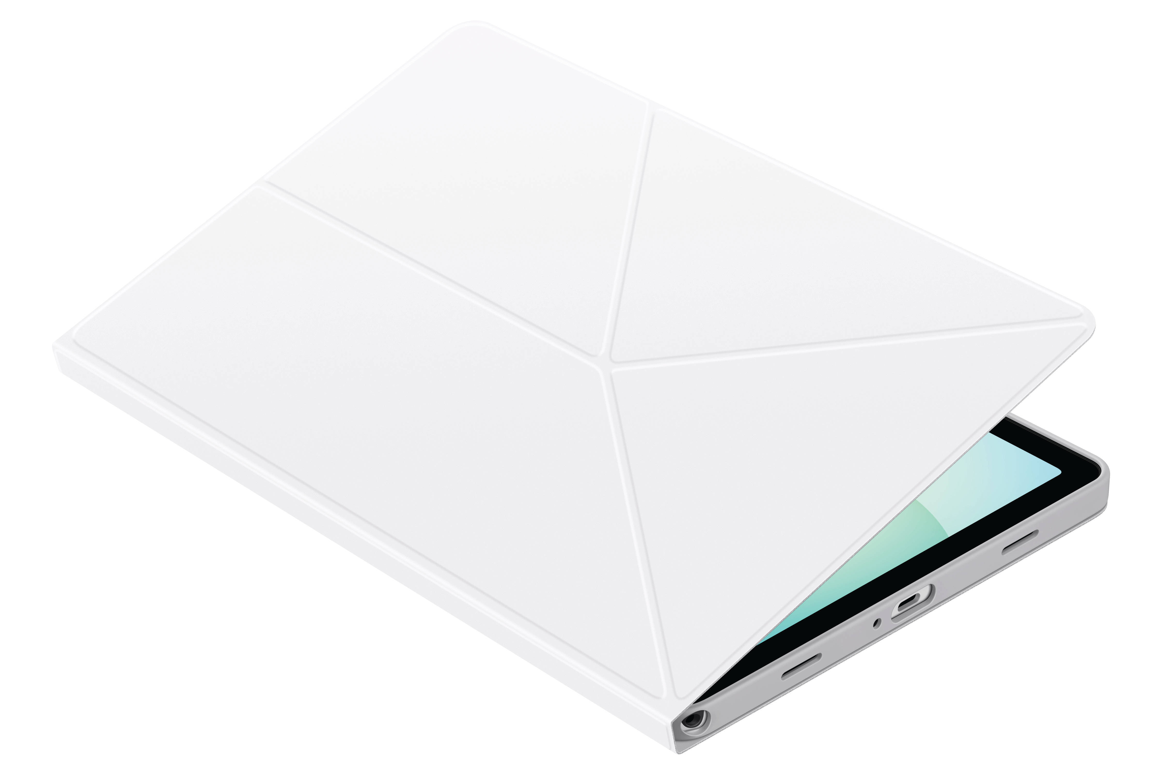 Ein weißes Tablet mit weißer Hülle. Die Hülle ist teilweise geöffnet und zeigt den Bildschirm.