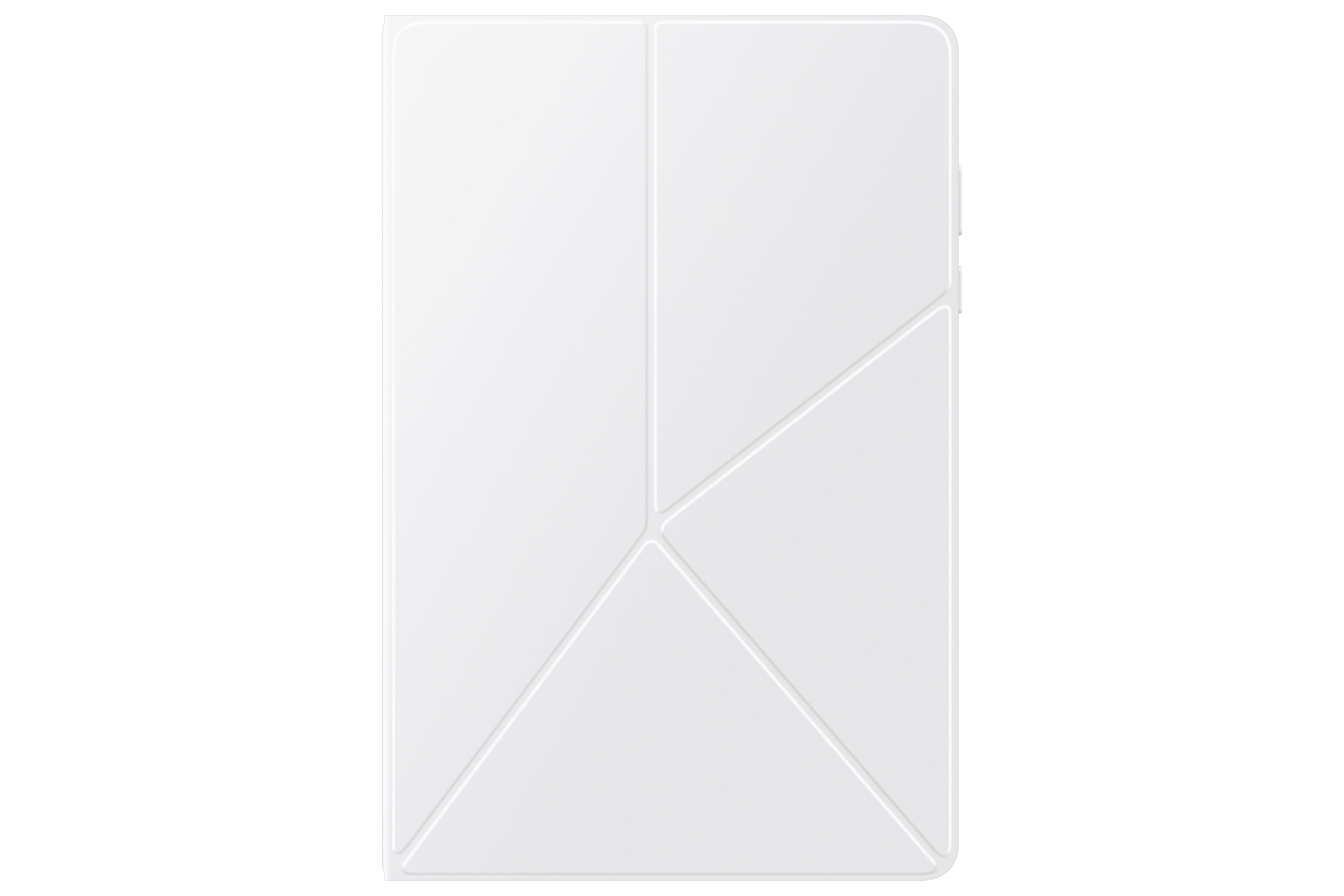 Gezeigt wird eine weiße Tablethülle. Die Hülle hat ein geometrisches Design mit Faltlinien und einem weißen Hintergrund.